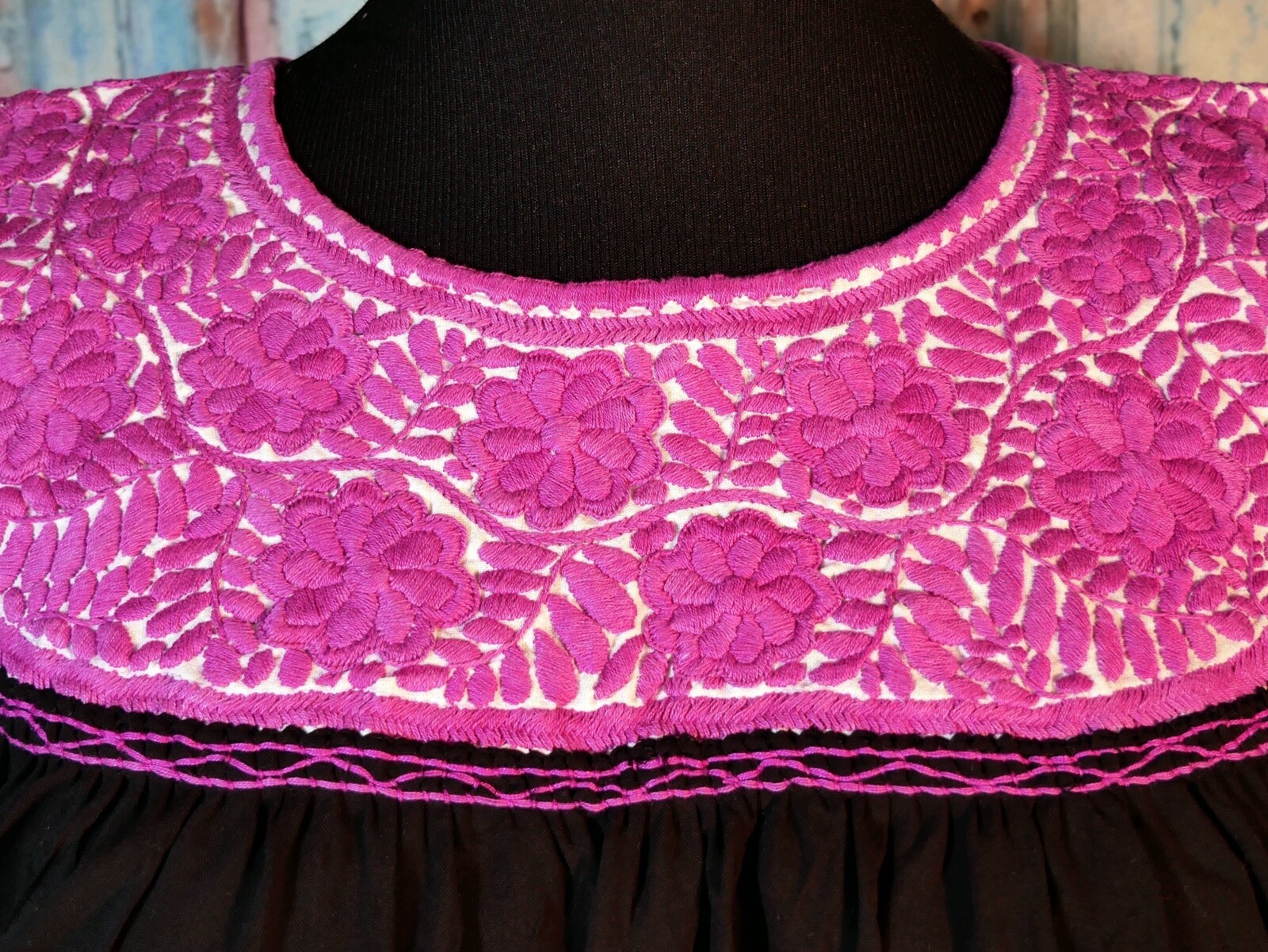 Peasant Blouse Hand Embroidered Pink Flowers & Black Fabric Mayan Chiapas Mexico
