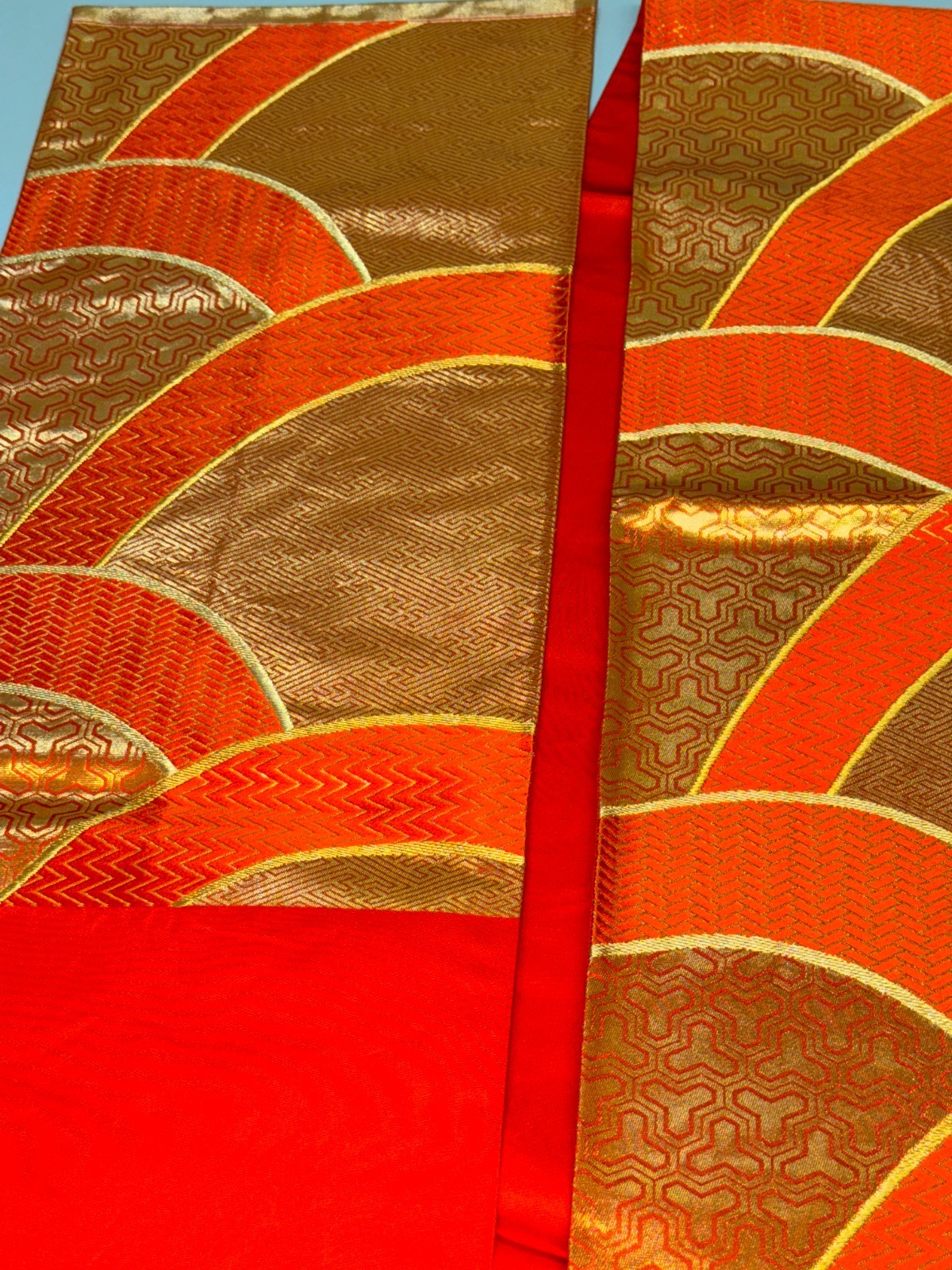 Japanese Vintage Kimono Fukuro Obi Silk Orange Traditional Embroidery 166×12 in
