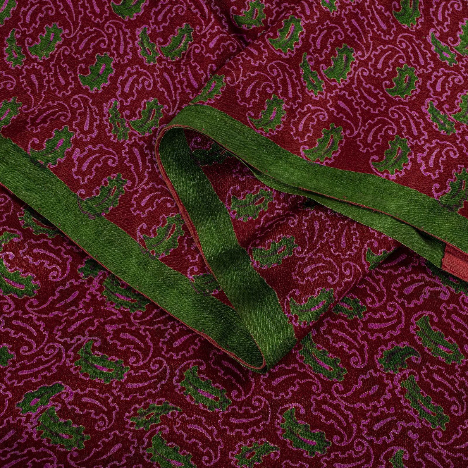 Sanskriti Vintage Maroon Pure Silk Saree Paisley Print Sari 5+Yard Fabric Craft