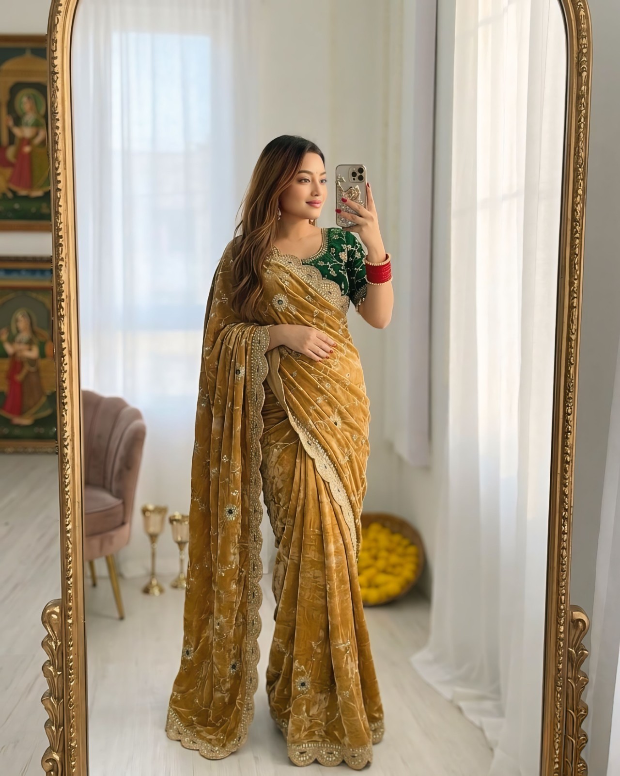 Emerald Green & Antique Gold Organza Saree With Heavy Embroidered Blouse