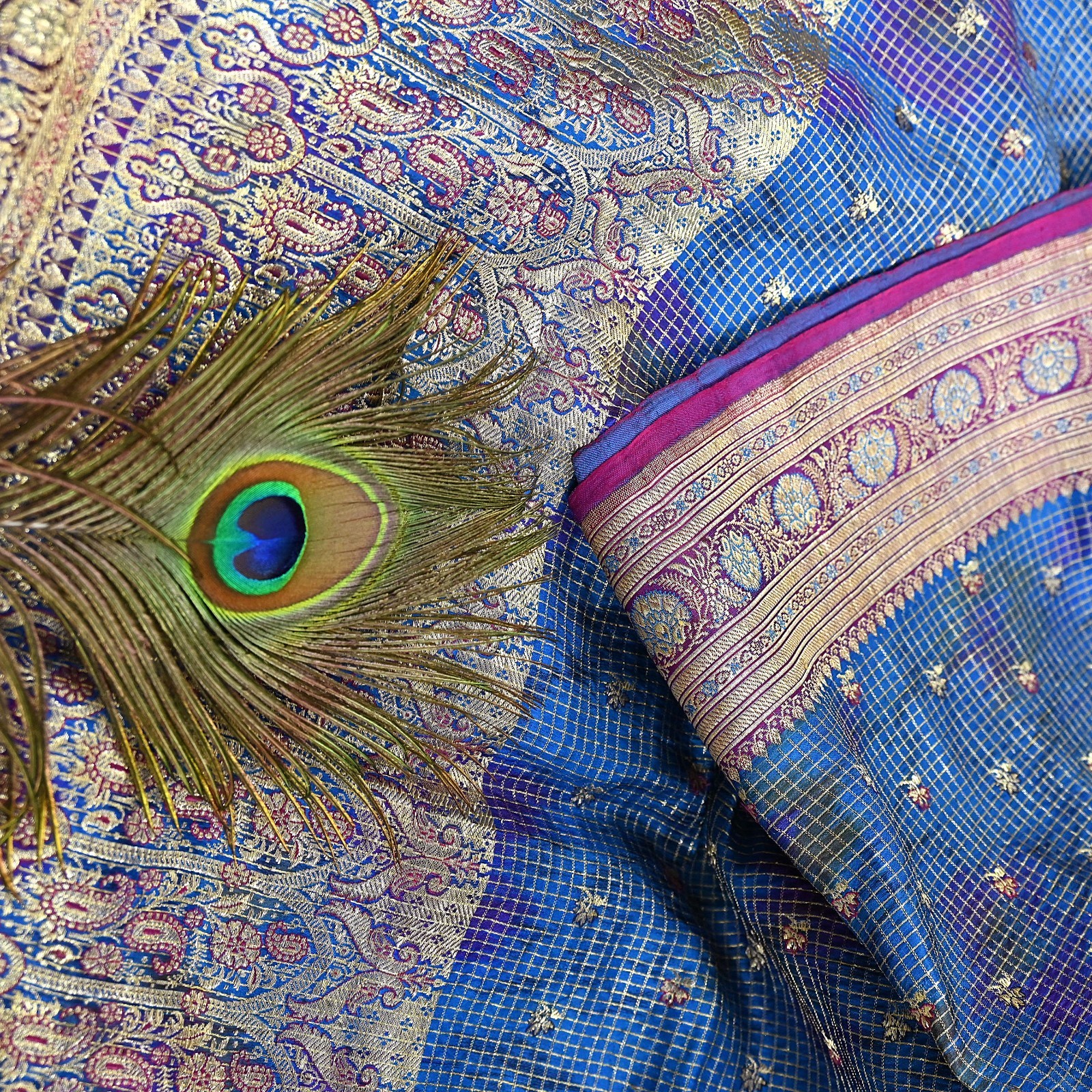 Indian Vintage Blue Heavy Sari Pure Satin Silk Woven Banarasi Tanchoi Saree 5yd