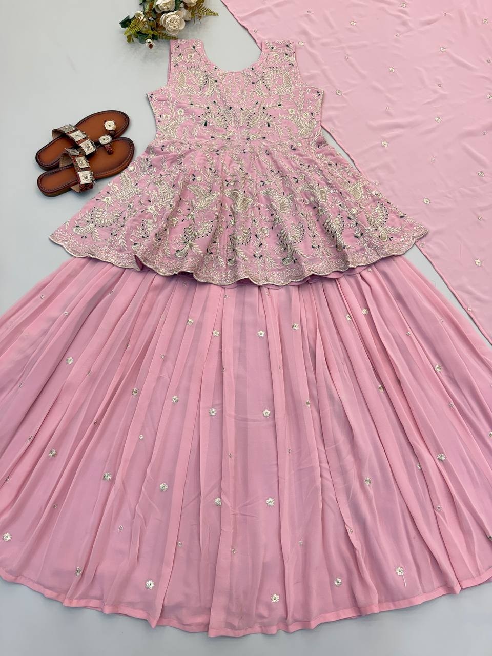 Unique Designer Pink Faux Georgette Silk Top Lehenga With Dupatta For Wedding