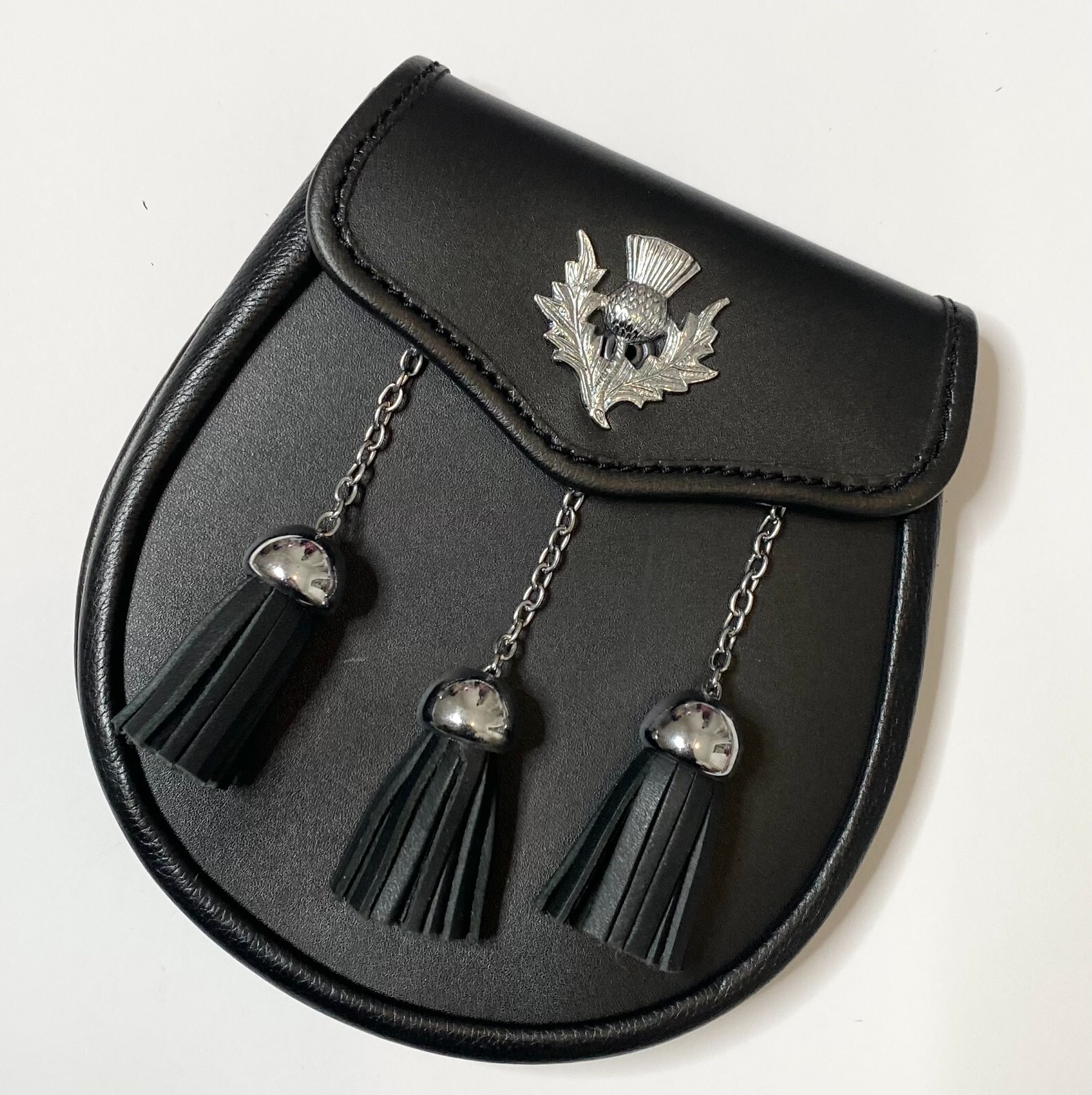 Semi-Dress Black Embossed 100% Chrome Leather Sporran with 3 Tassels Chain Belt