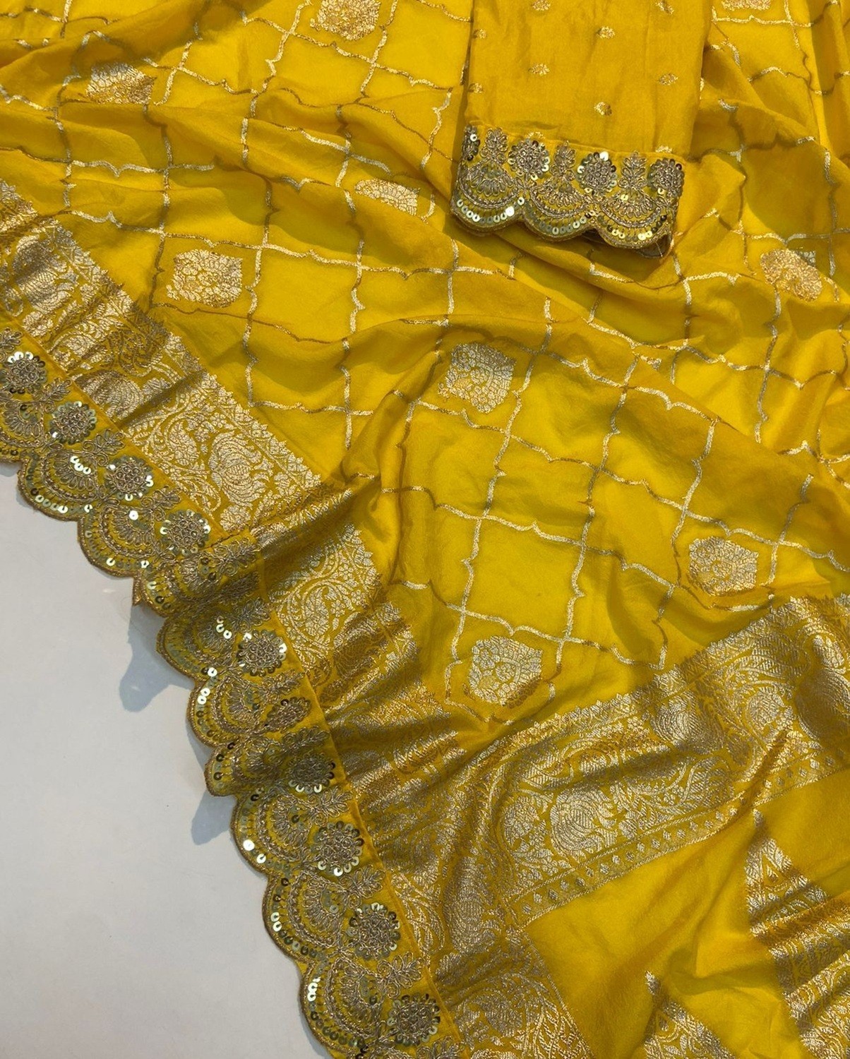 Luxury Khadi Pattu Crepe Silk Saree, All-Over Zari Design, Scalloped Lace Borde