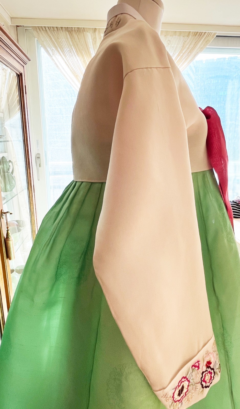 Korean Traditional Dress Silk Hanbok -Ivory & Apple green/ Petticoat & Norigae