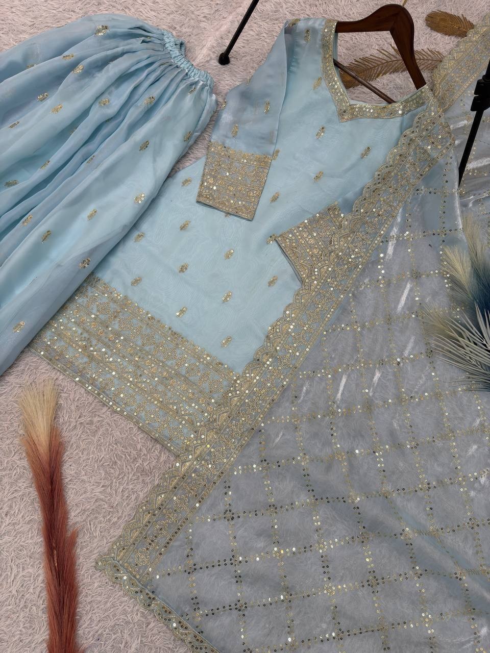 Latest Presenting Silk Sky Blue Top Palazzo With Dupatta For Indian Party Wear