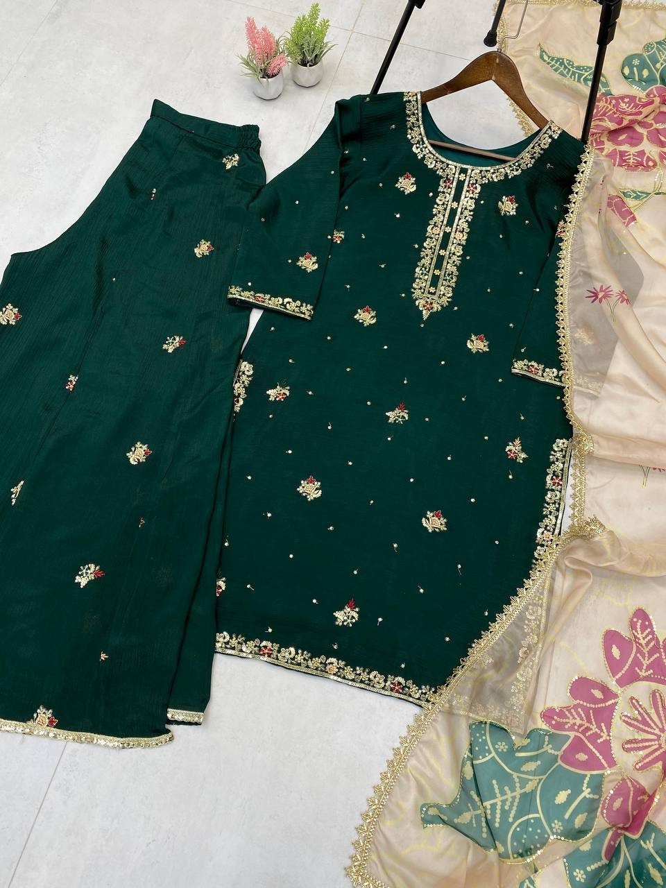 New Exclusive Green Chinon Kurta Palazzo With Organza Dupatta For Women