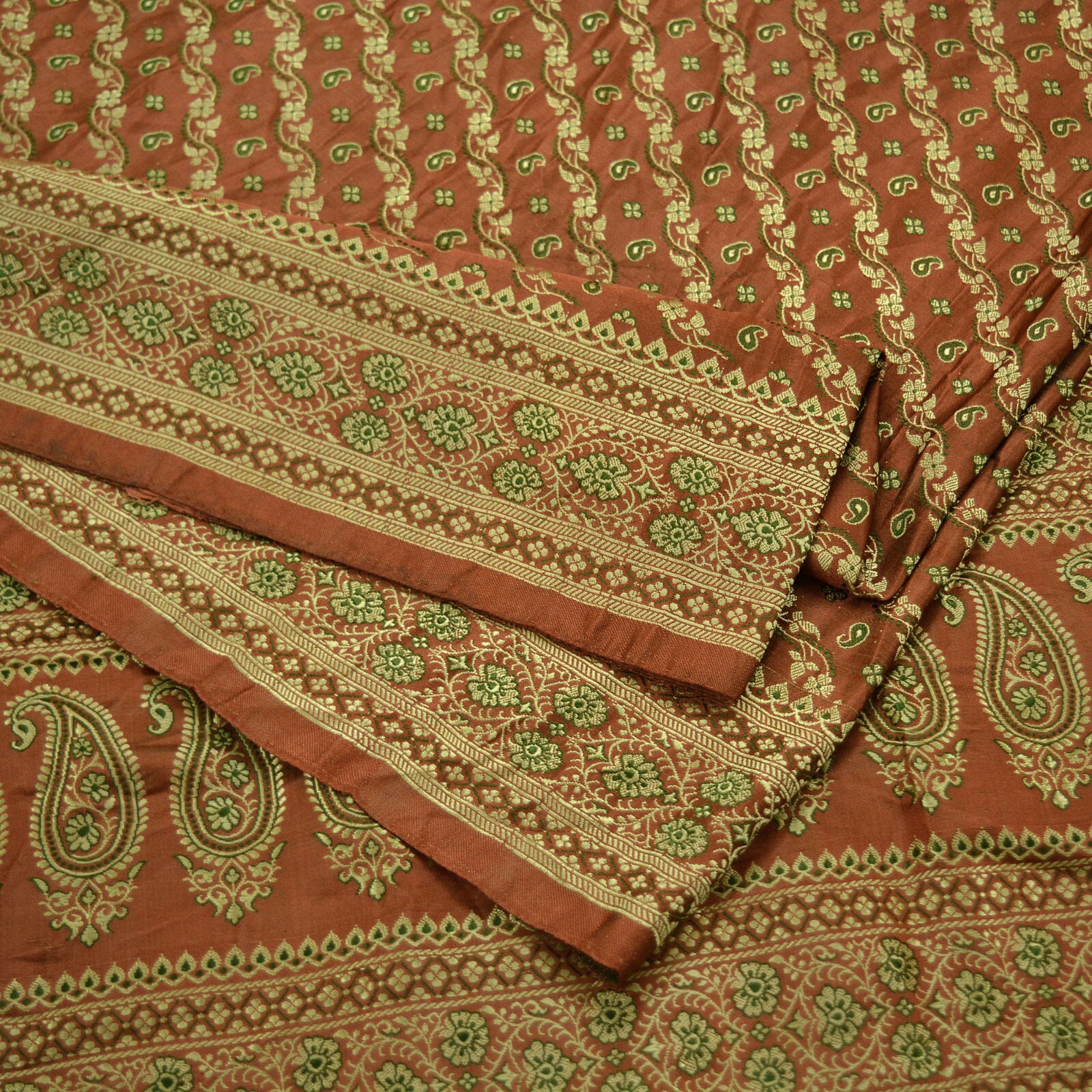 Indian Vintage Heavy Sari Orange Pure Satin Silk Woven Tanchoi Sarees 5Yd Fabric