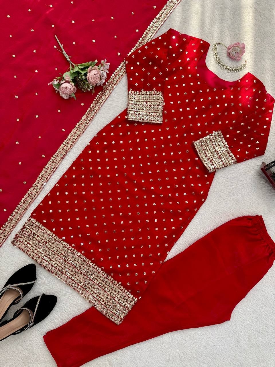 Stylish Look Heavy Silk Red Salwar Kameez With Dupatta For Festival Wear