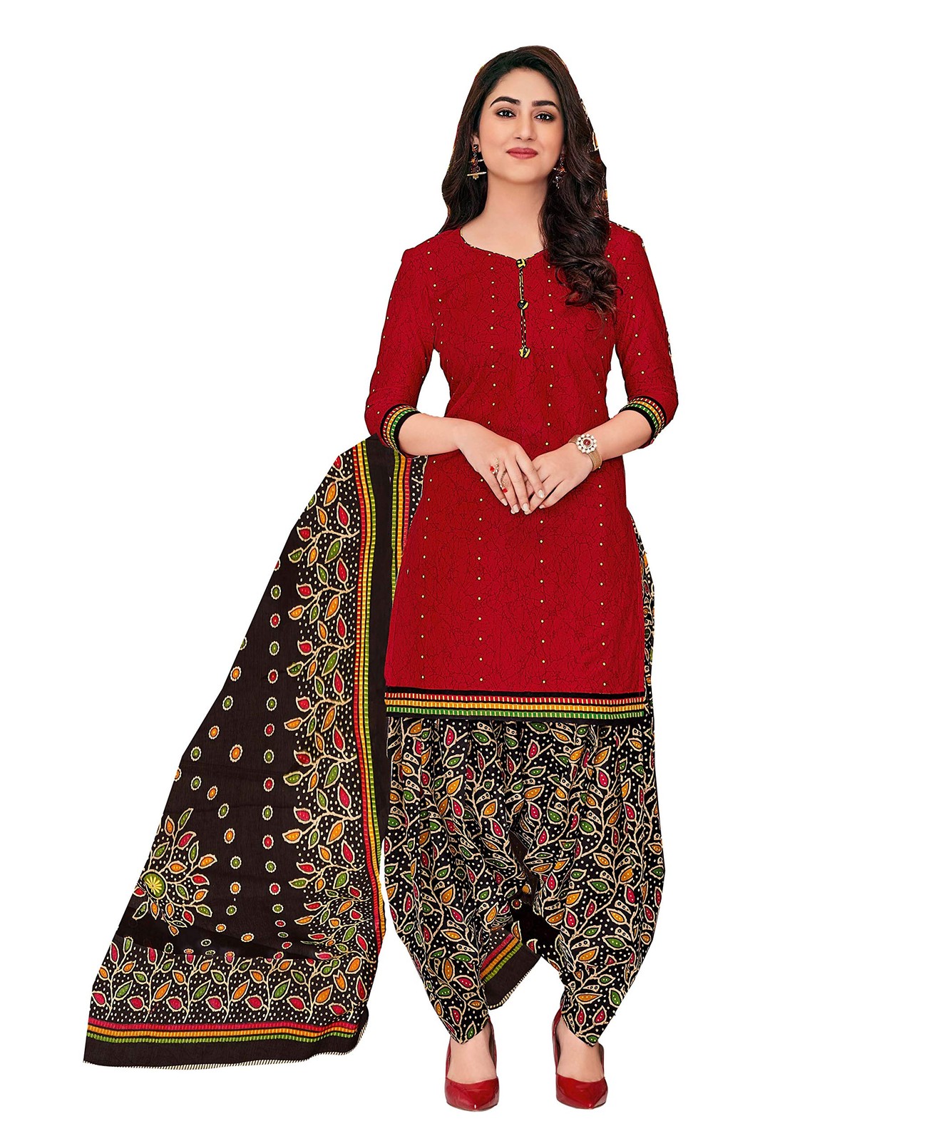 Miraan Cotton Printed Salwar Suit for Women Red Readymade XXL Size