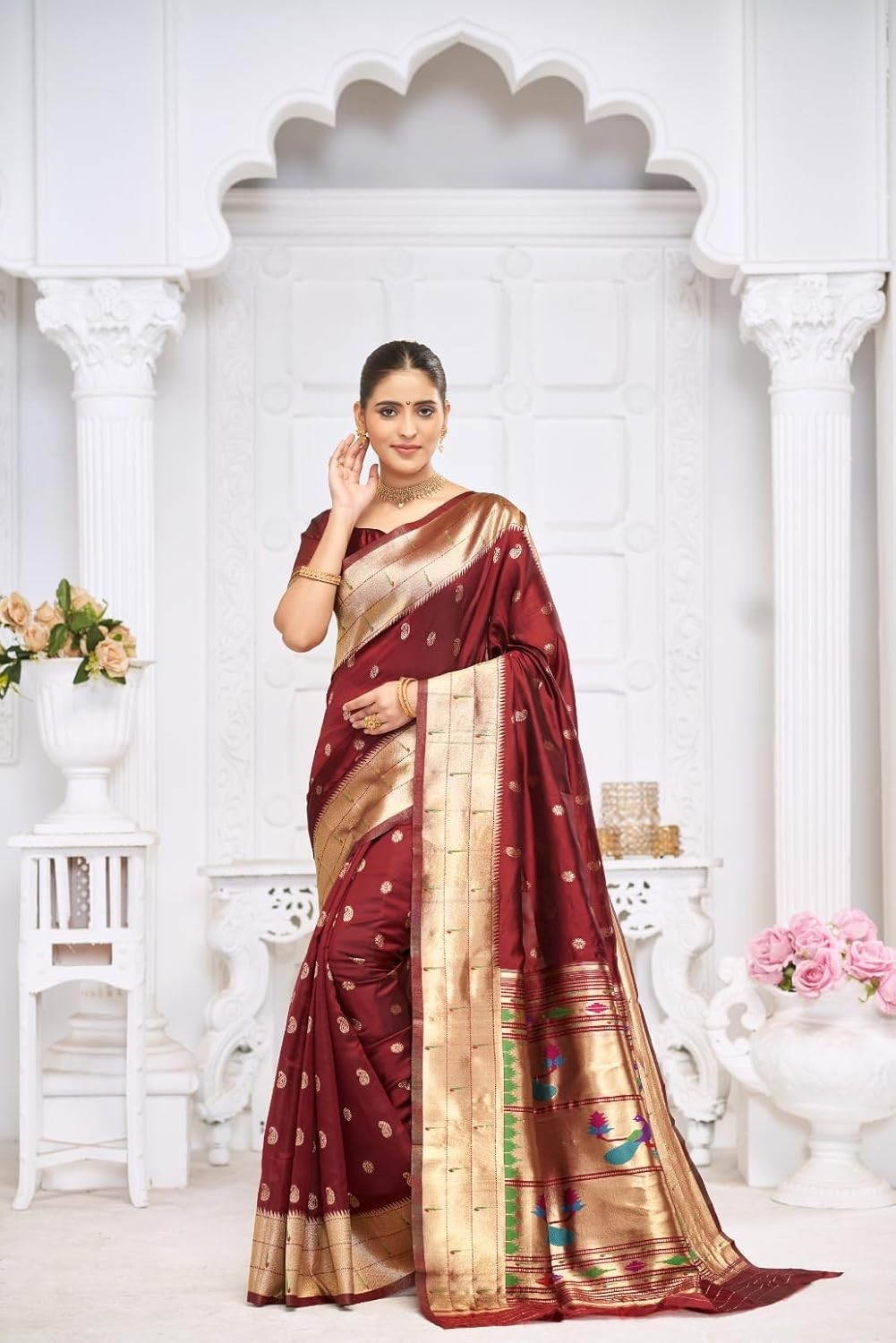 Women’s paithani silk saree with golden zari woven and blouse piece