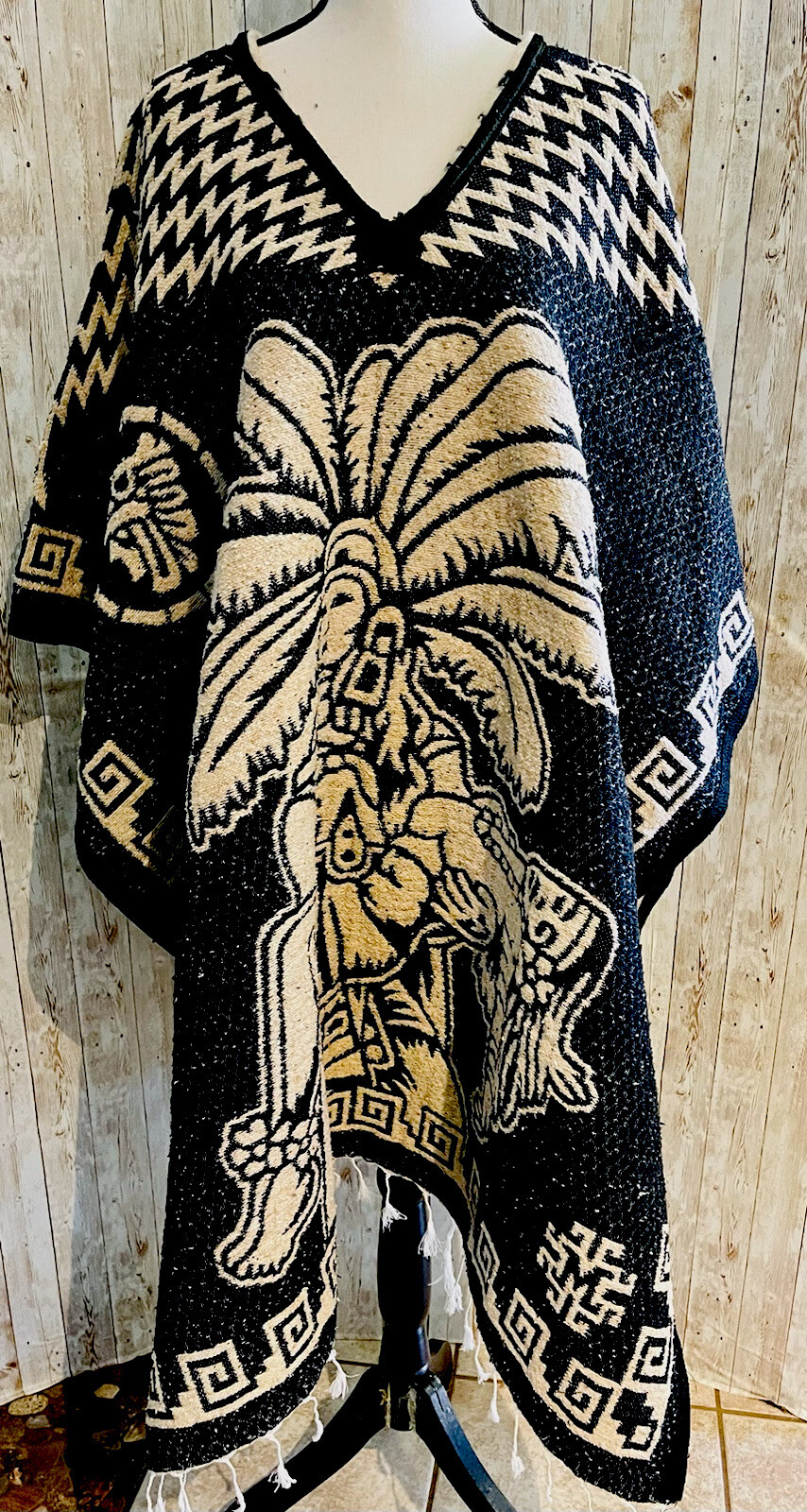 Mexican PONCHO Aztec Warrior One SIZE Sarape Poncho Calendario Azteca Guerrero