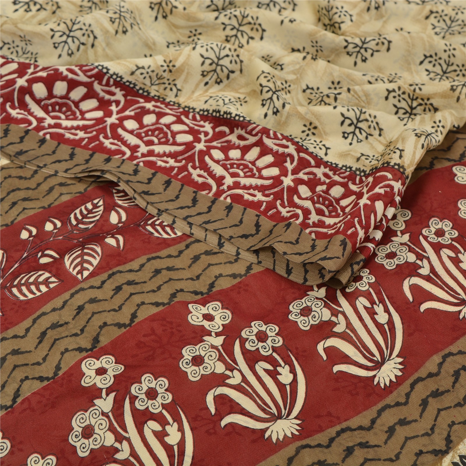Sanskriti Vintage Indian Sari Cream Printed Georgette Sarees Craft 5 Yd Fabric