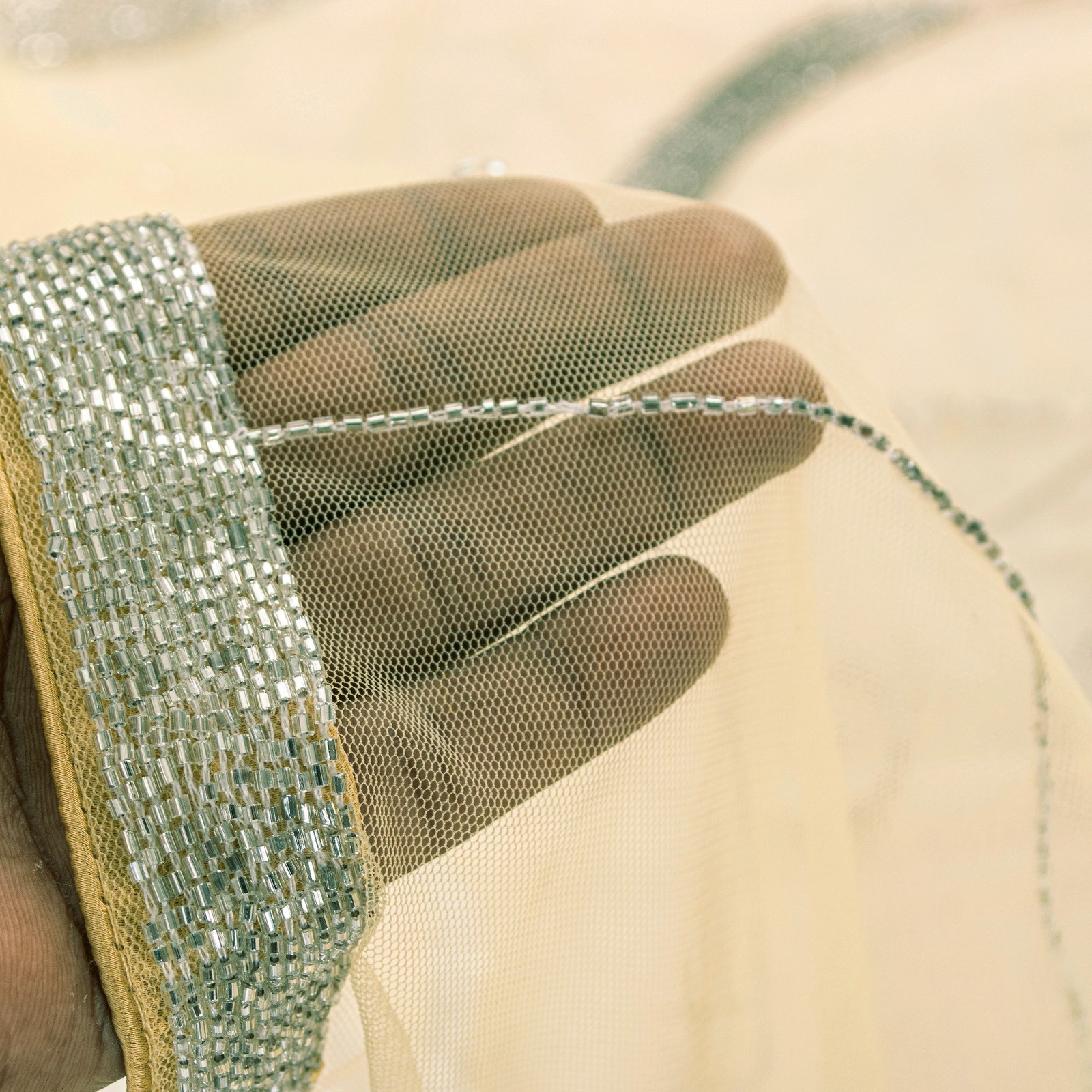 Sanskriti Vintage Yellow Net Mesh Saree Hand Glass Bead 6+Yd Fabric Wedding Sari