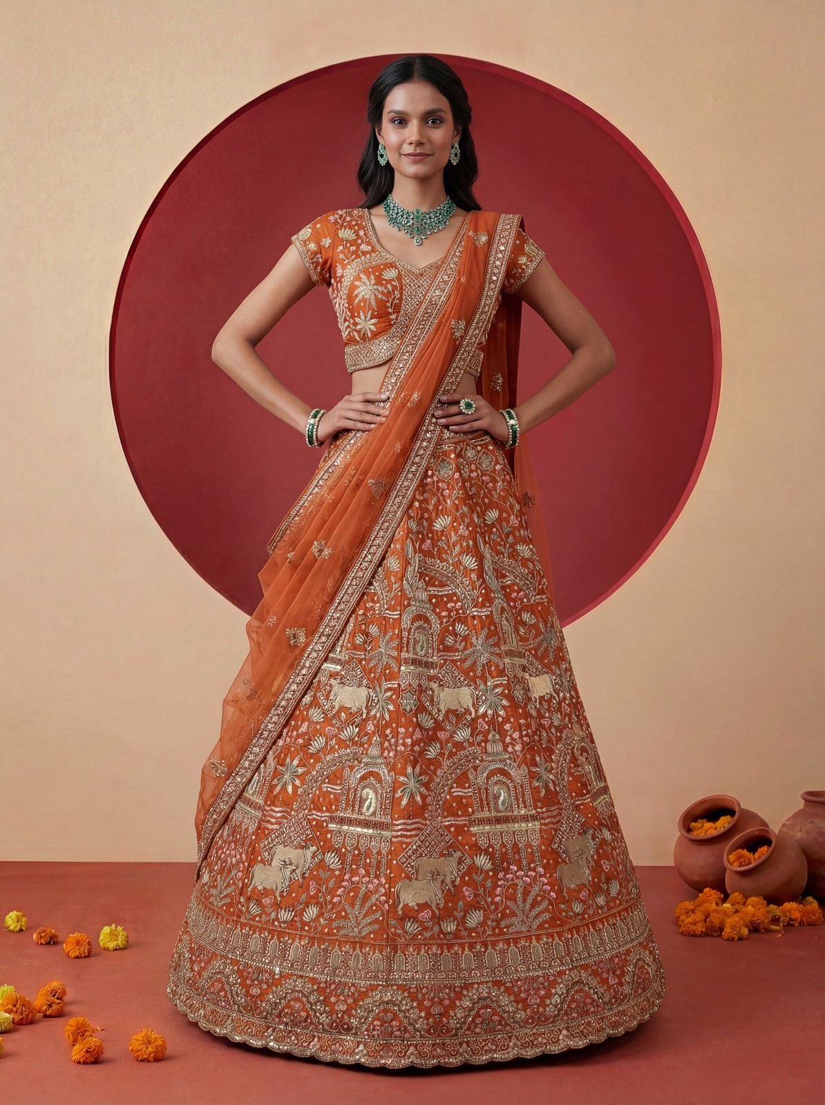 Royal Gadhwal Silk Figure Embroidery Lehenga Choli Bridal Wedding Couture
