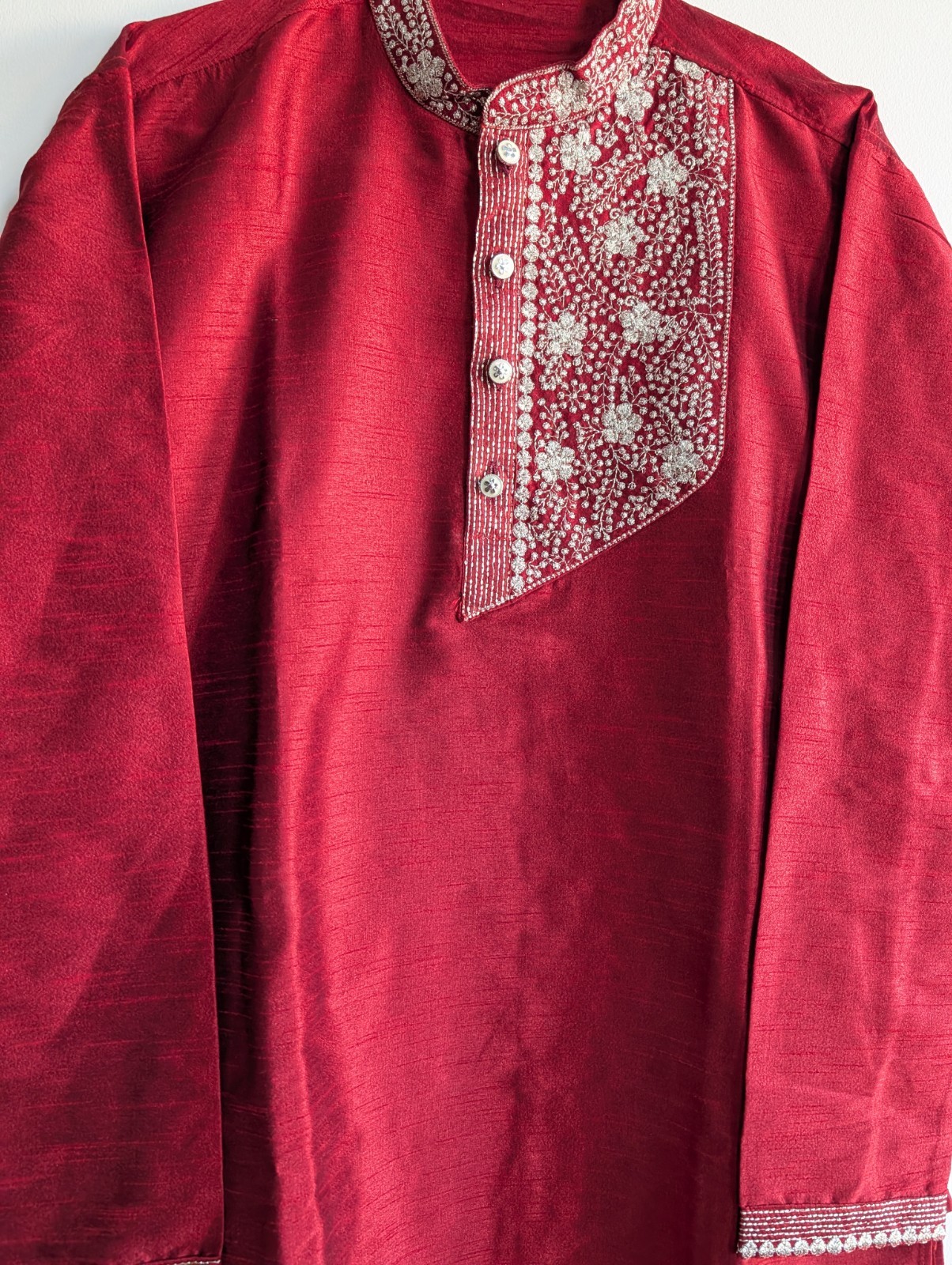 Kurta Pajama Set Silk Red Zari Embroidery Mandarin Neck Wedding Party Wear Sz 40