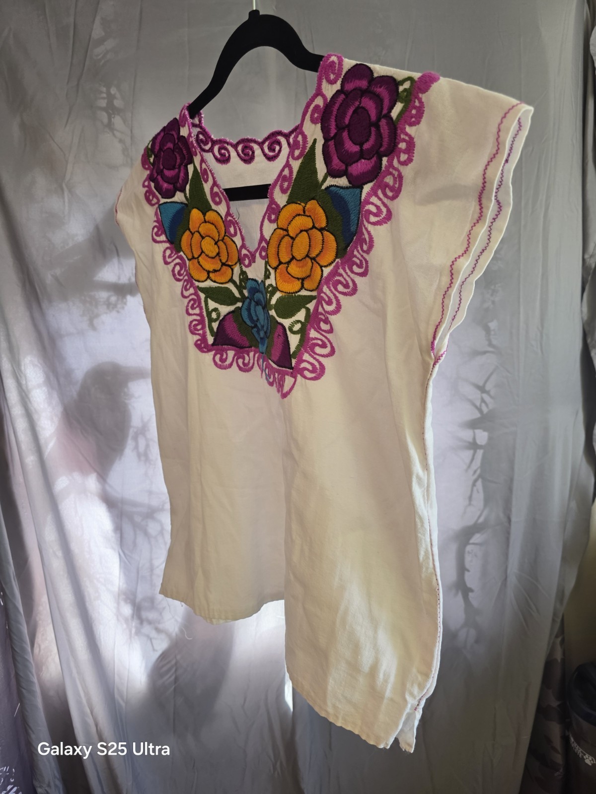 White Cotton Huipil Floral Embroidery Traditional Women’s Top