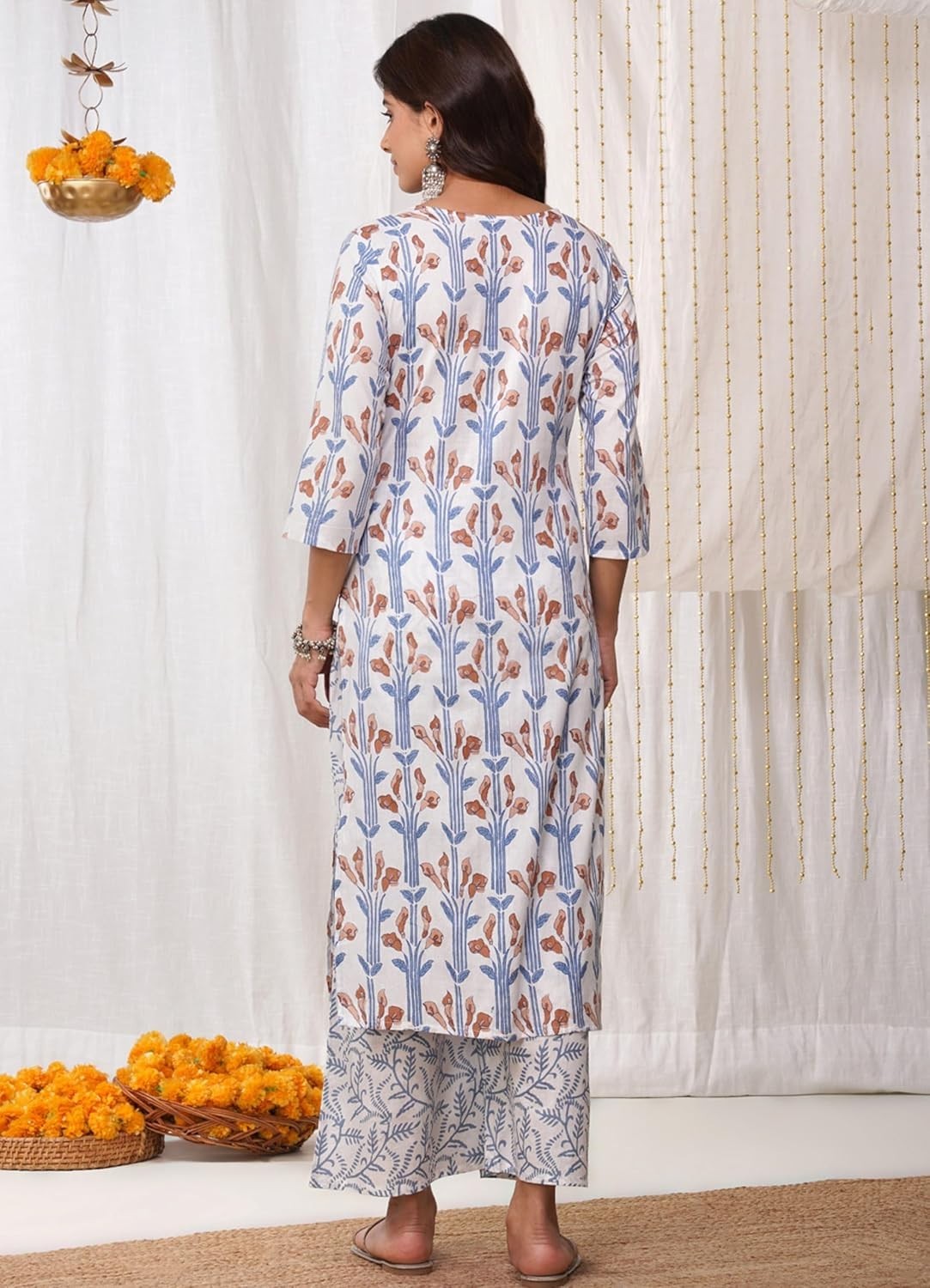Women’s Cotton Straight Kurta Set with Palazzo Pants & Dupatta