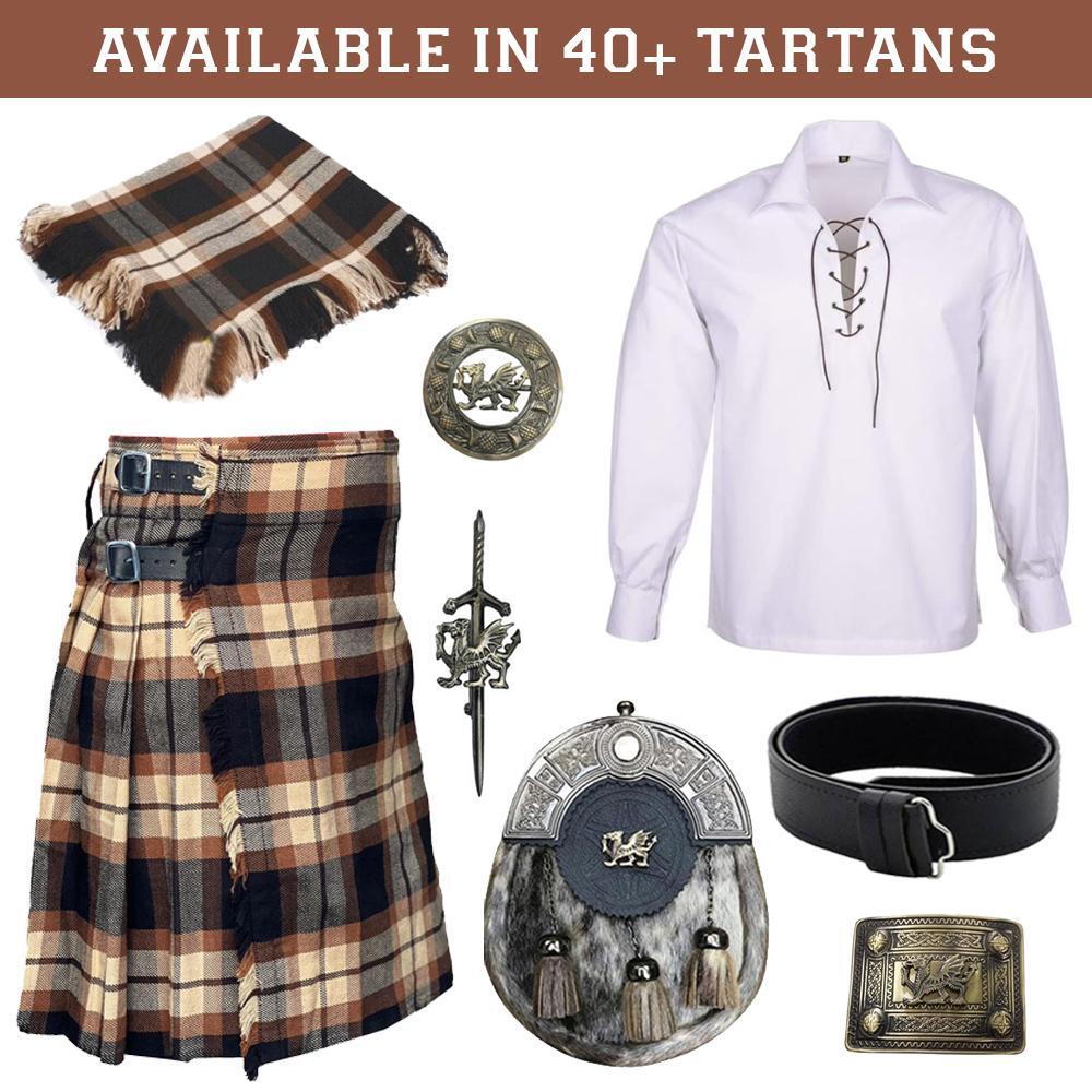 8 PCS KILT SET 5 YARD HIGHLAND SCOTTISH KILT OUTFIT/DEAL IN 40+ CLAN TARTANS