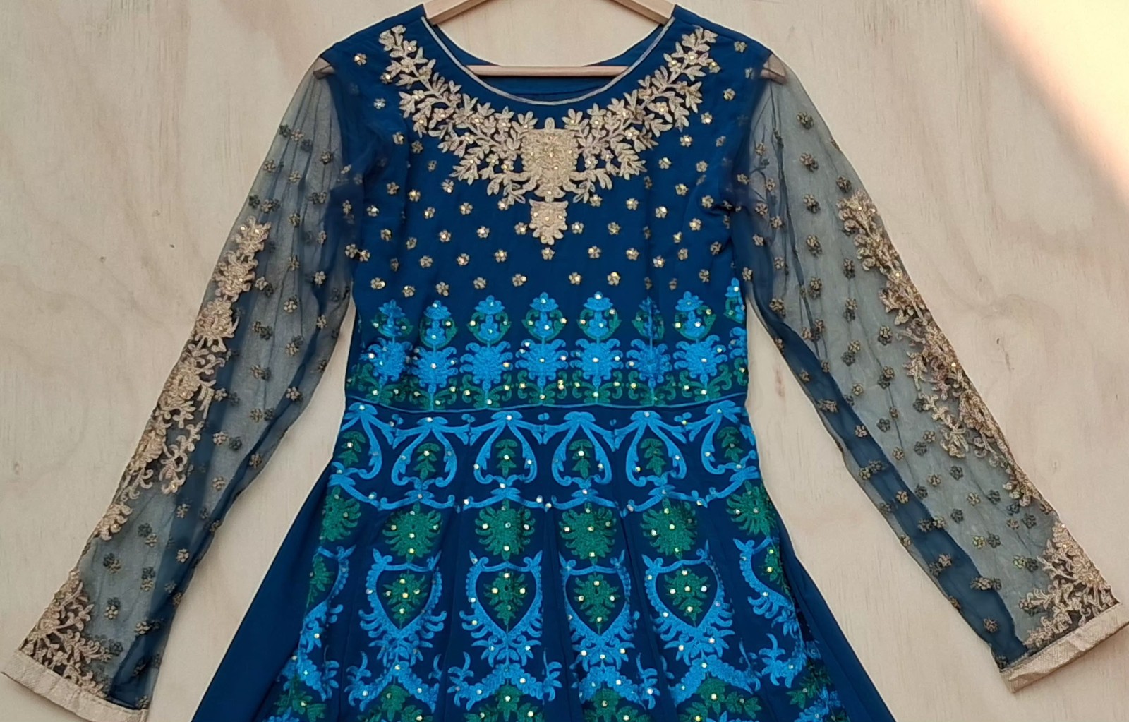 Indian Anarkali Gown Dress S Royal Blue Gold Embroidered Long Sleeve Maxi Party