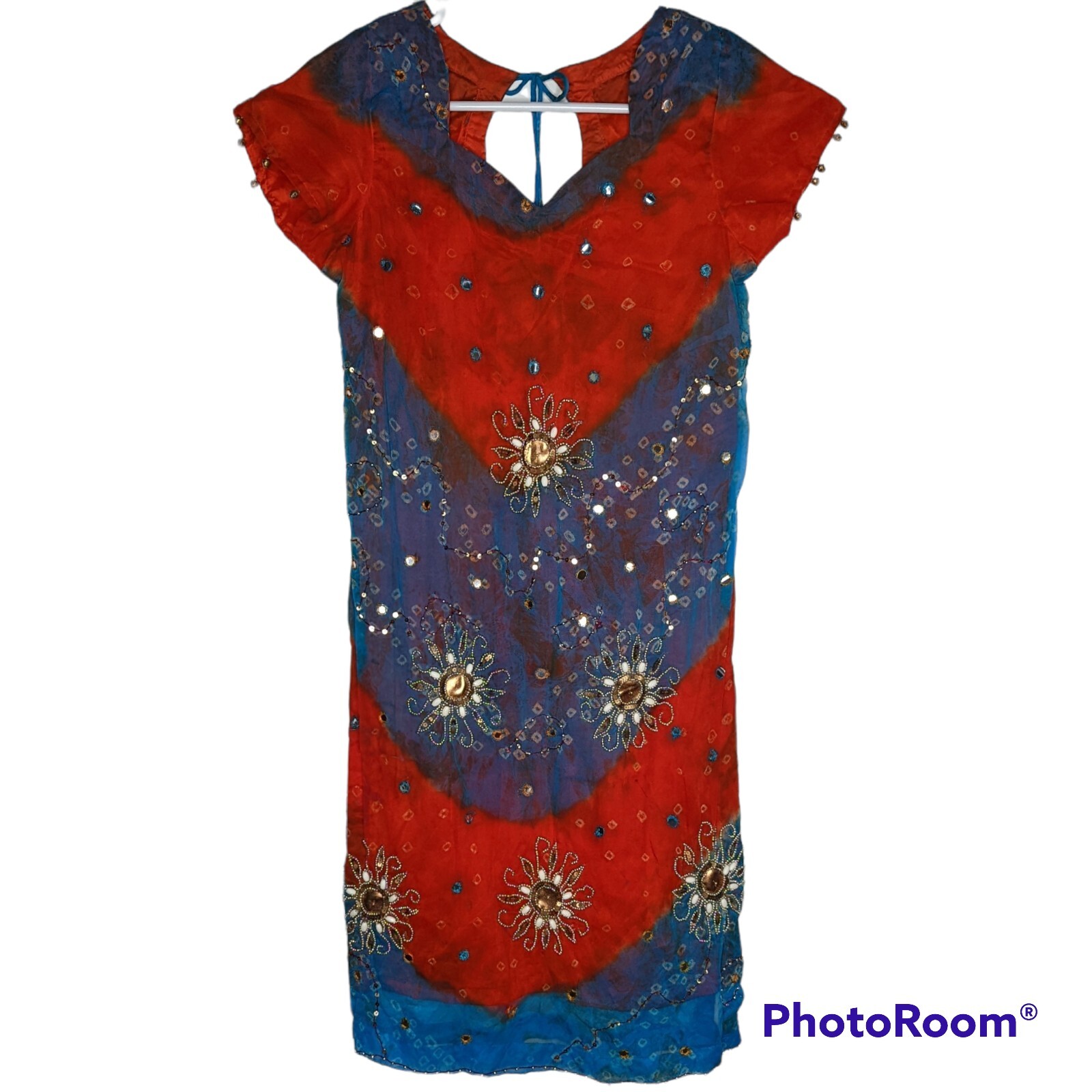 Indian Kurti Tunic Top Dress Women’s Sz 38 Red Blue Short Sleeves Bells Lined