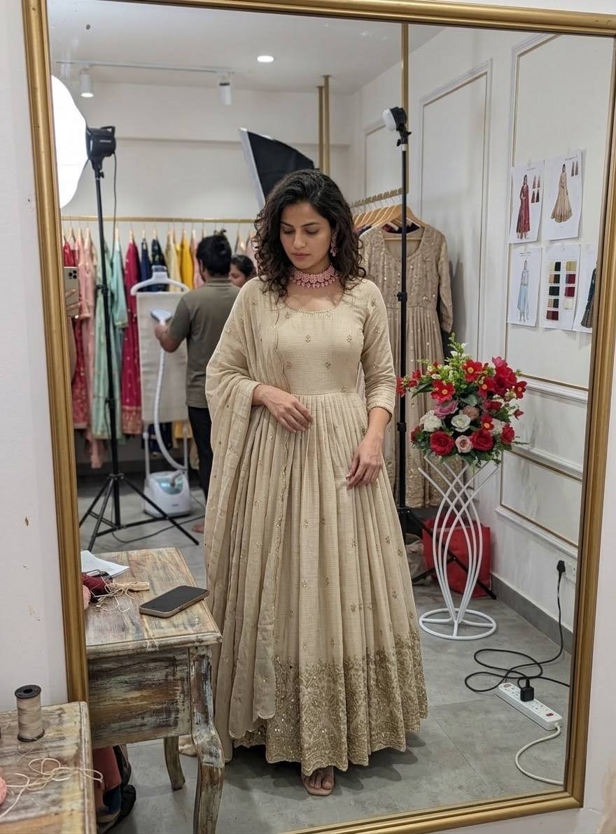 Women Anarkali Pure Cinon Silk Gown Traditional Ethnic Dress Wedding Party Dress