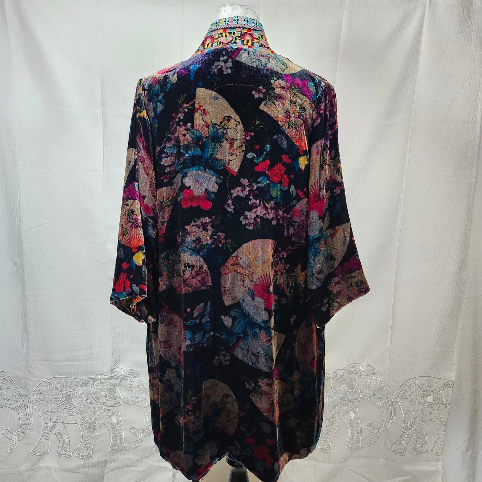 Johnny Was Reversible Silk Blend Kimono Jacket Floral Velvet Trim XS