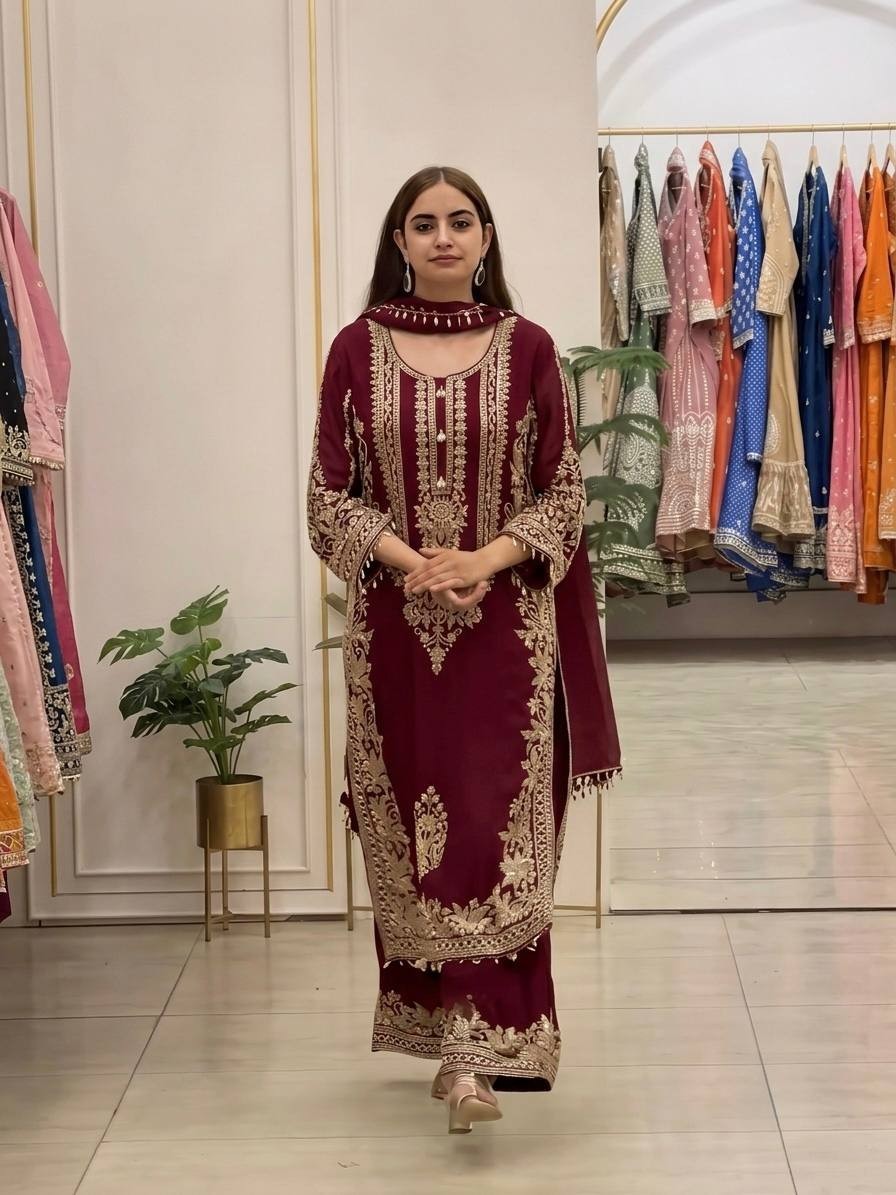 New Designer Maroon Faux Georgette Salwar Kameez With Dupatta For Wedding Wear