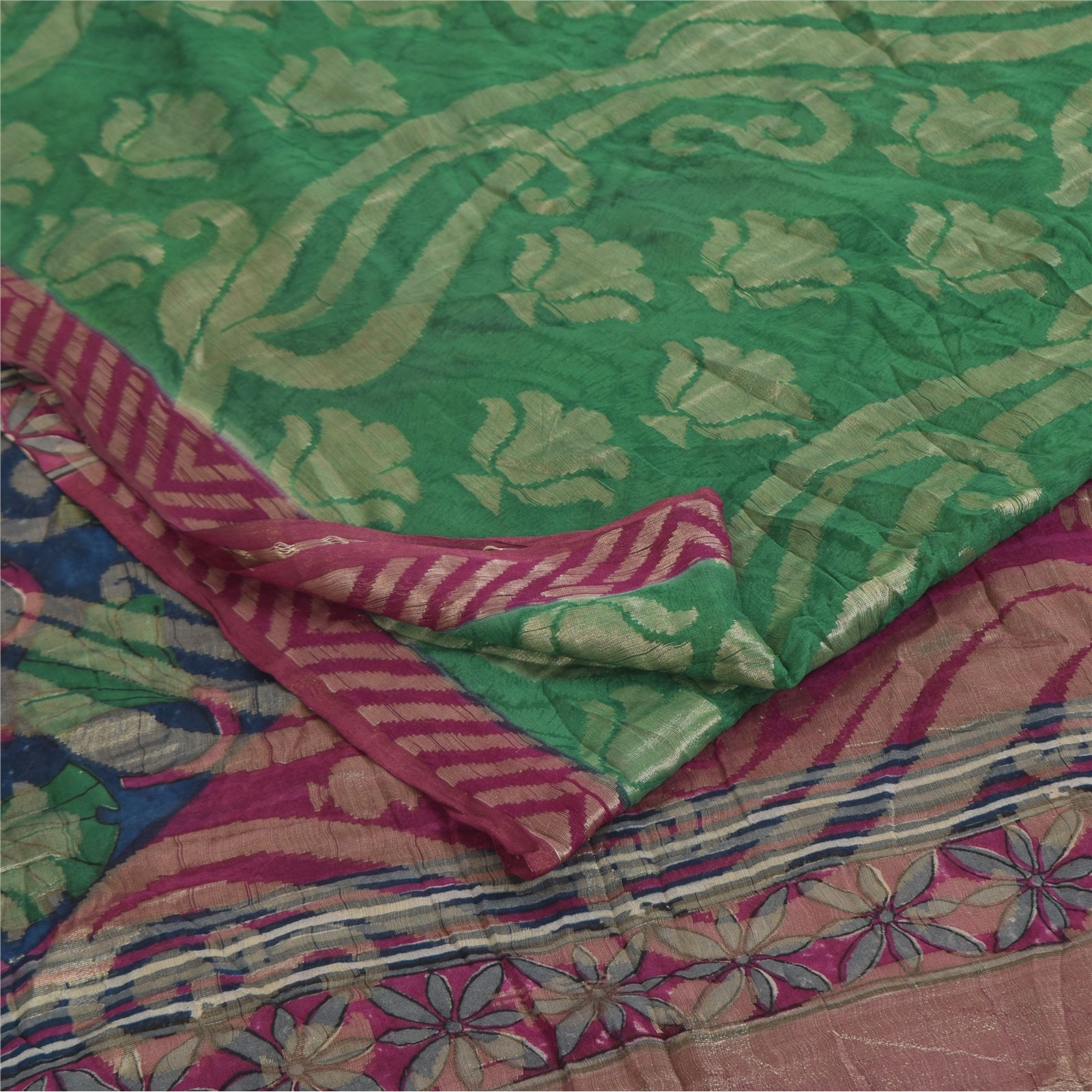 Sanskriti Vintage Sarees Purple & Green Pure Georgette Printed Sari 5+Yd Fabric