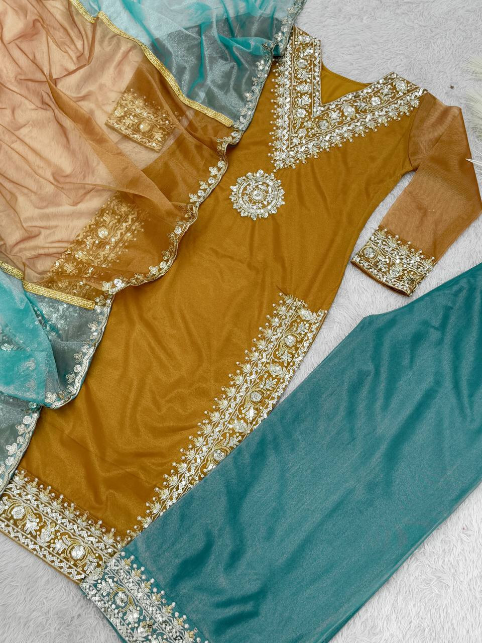 FUNCTION WEAR SOFT TWILL NET SILK PALAZZO SUIT WITH DUPATTA FOR WOMEN