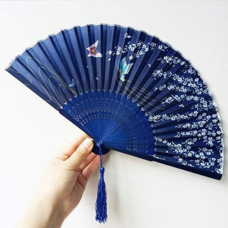 Floral Patterned Hand Fans, Vintage Silk and Japanese Lace Designs with Bamboo F
