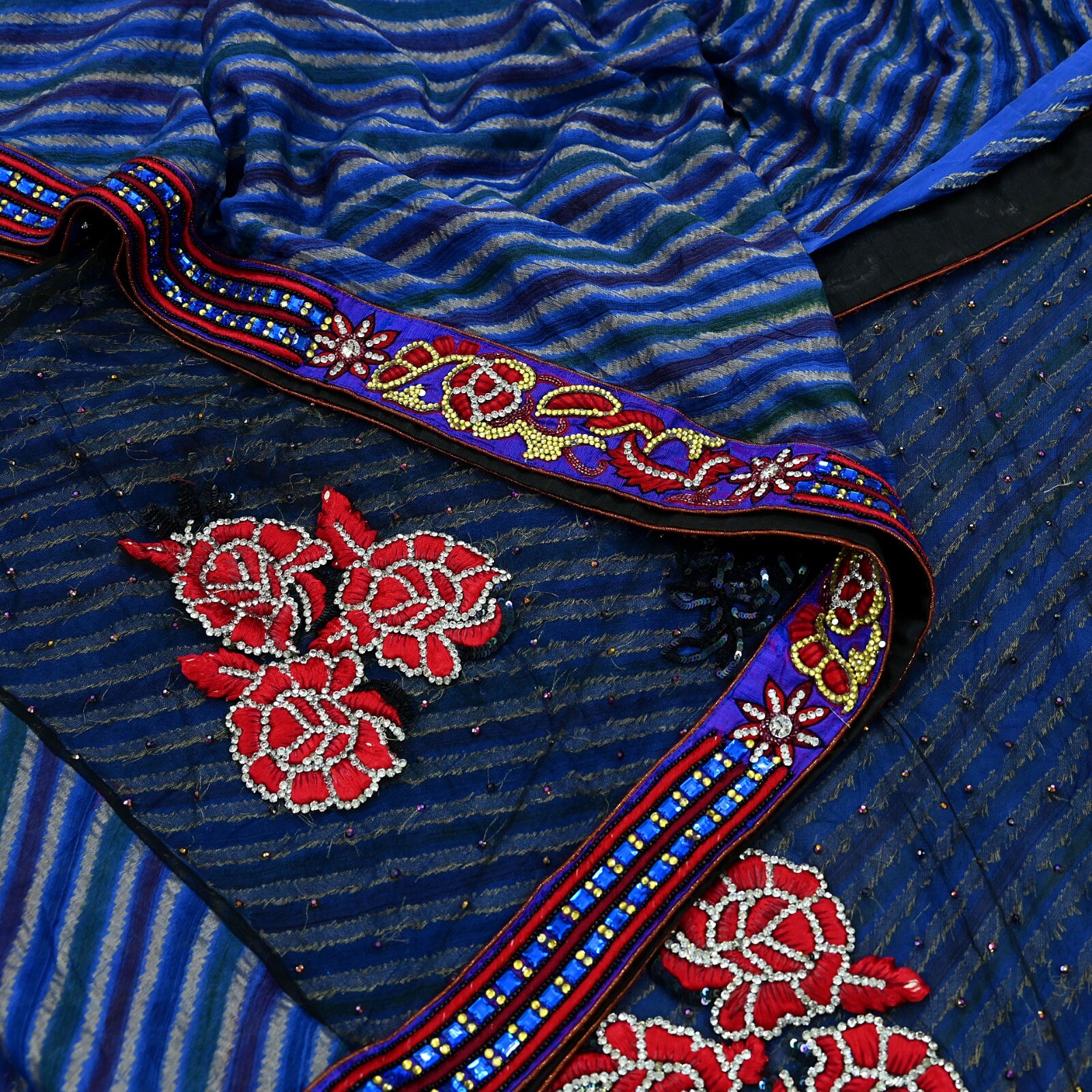 Vintage Sari Black & Blue Pure Georgette Silk NetHand Beaded Sarees Fabric 6Yd S