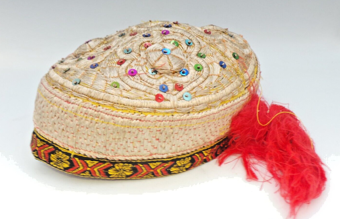 Antique Bride wedding Uzbek Bukharan Gold Gilded Hand Embroidery Cap Hat Ethnic