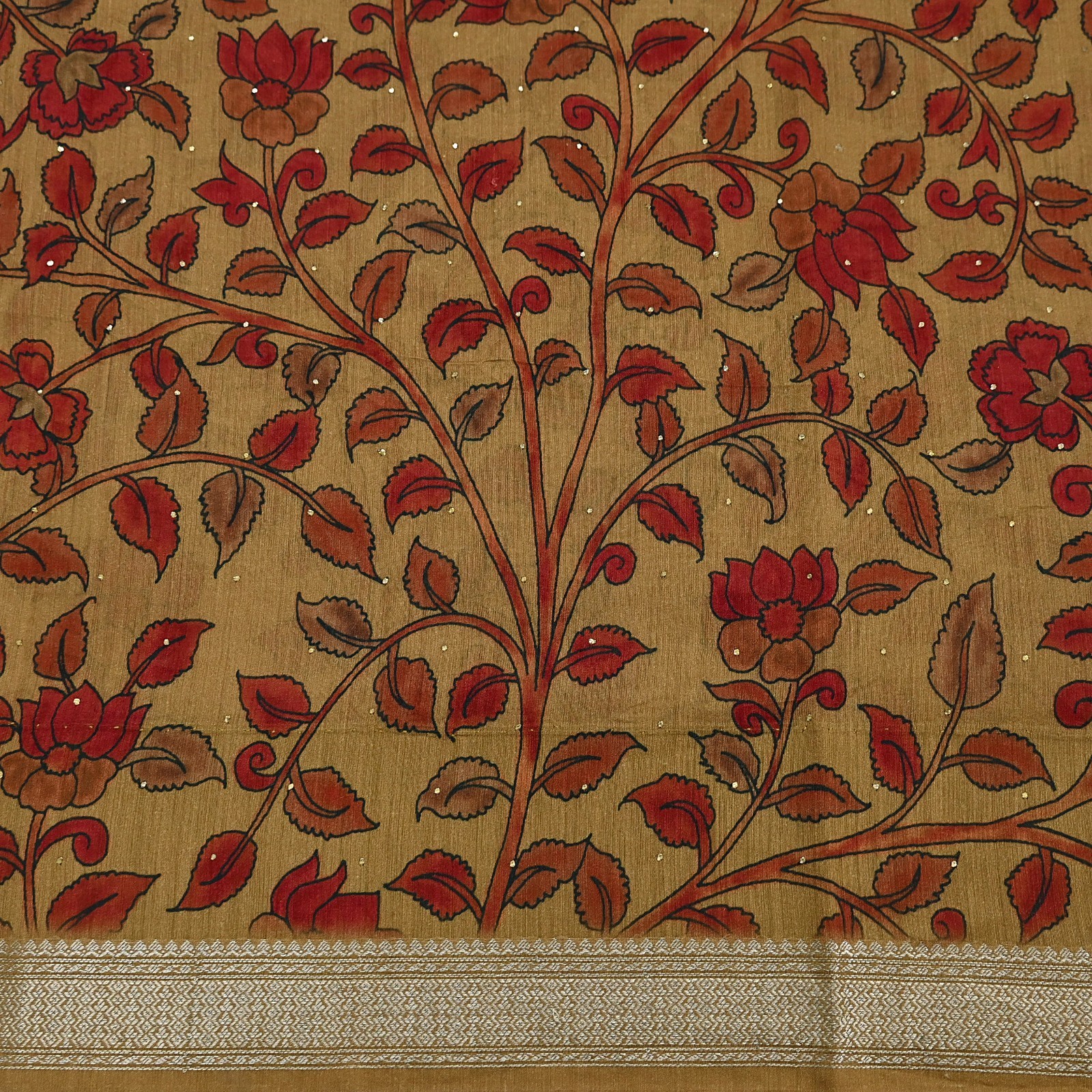 Indian Vintage Sari Pure chanderi Silk Kalamkari Print Saree Craft Fabric 5Yd