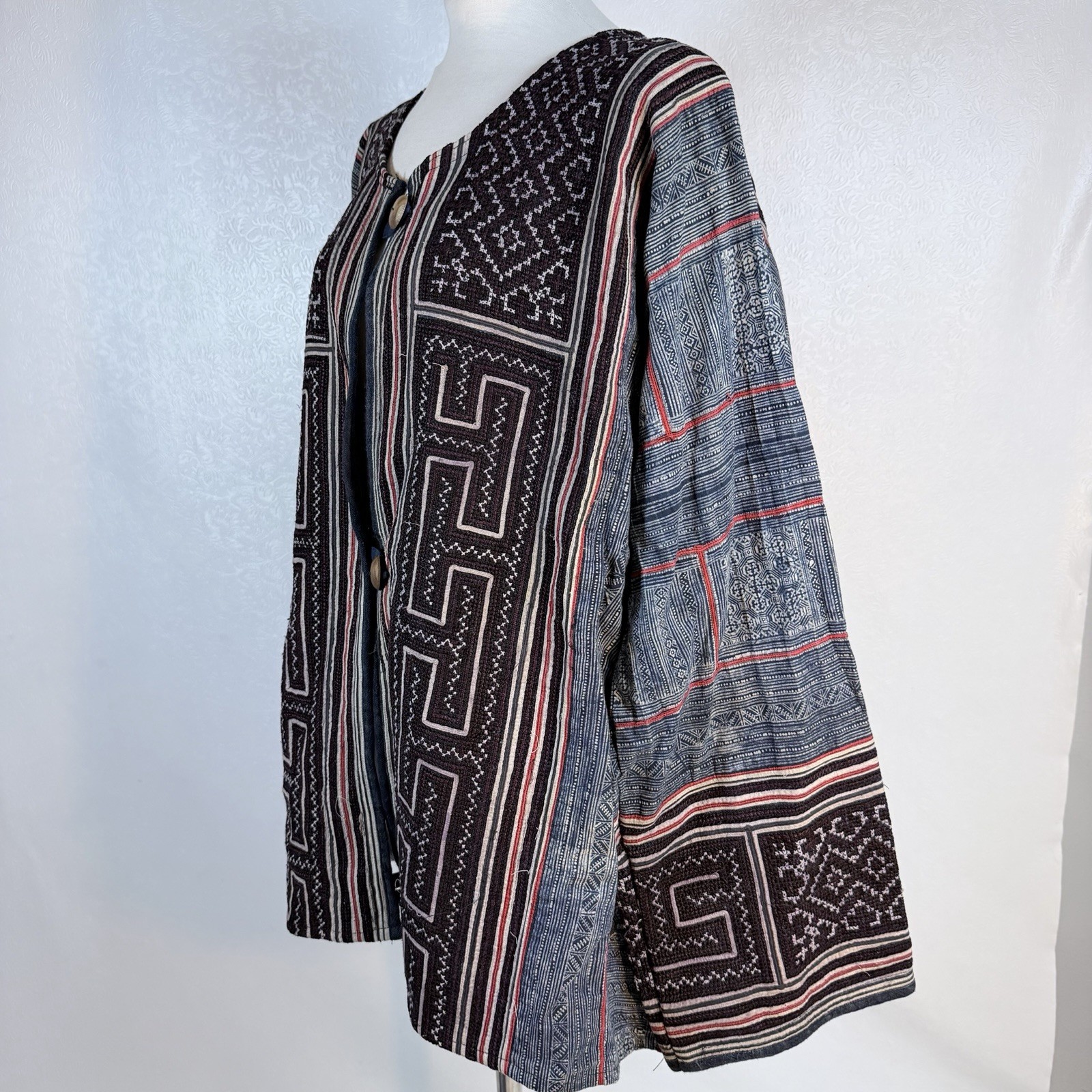 Vintage Hmong Handwoven Ethnic Jacket XL Blue Indigo Geometric Tribal Pattern