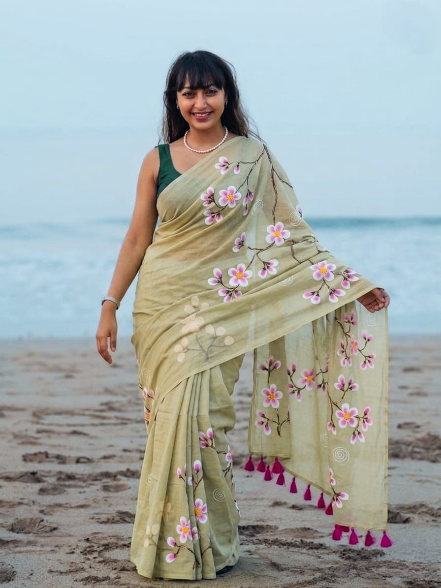 Pure Mull Cotton Hand Painted Saree Soft Lightweight Floral Designer Ethnic Wear