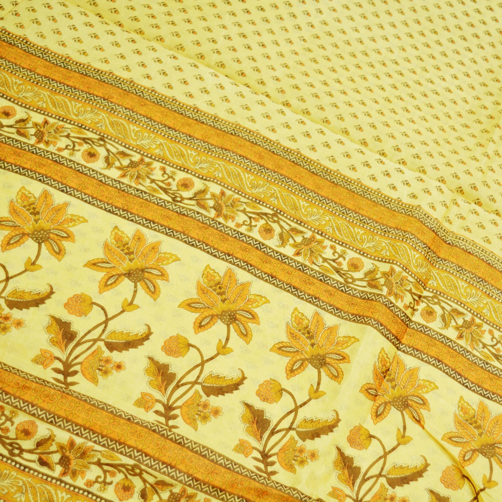 Indian Vintage Sari Beige Pure Silk Printed Sarees 5yd Sewing Craft Fabric Soft