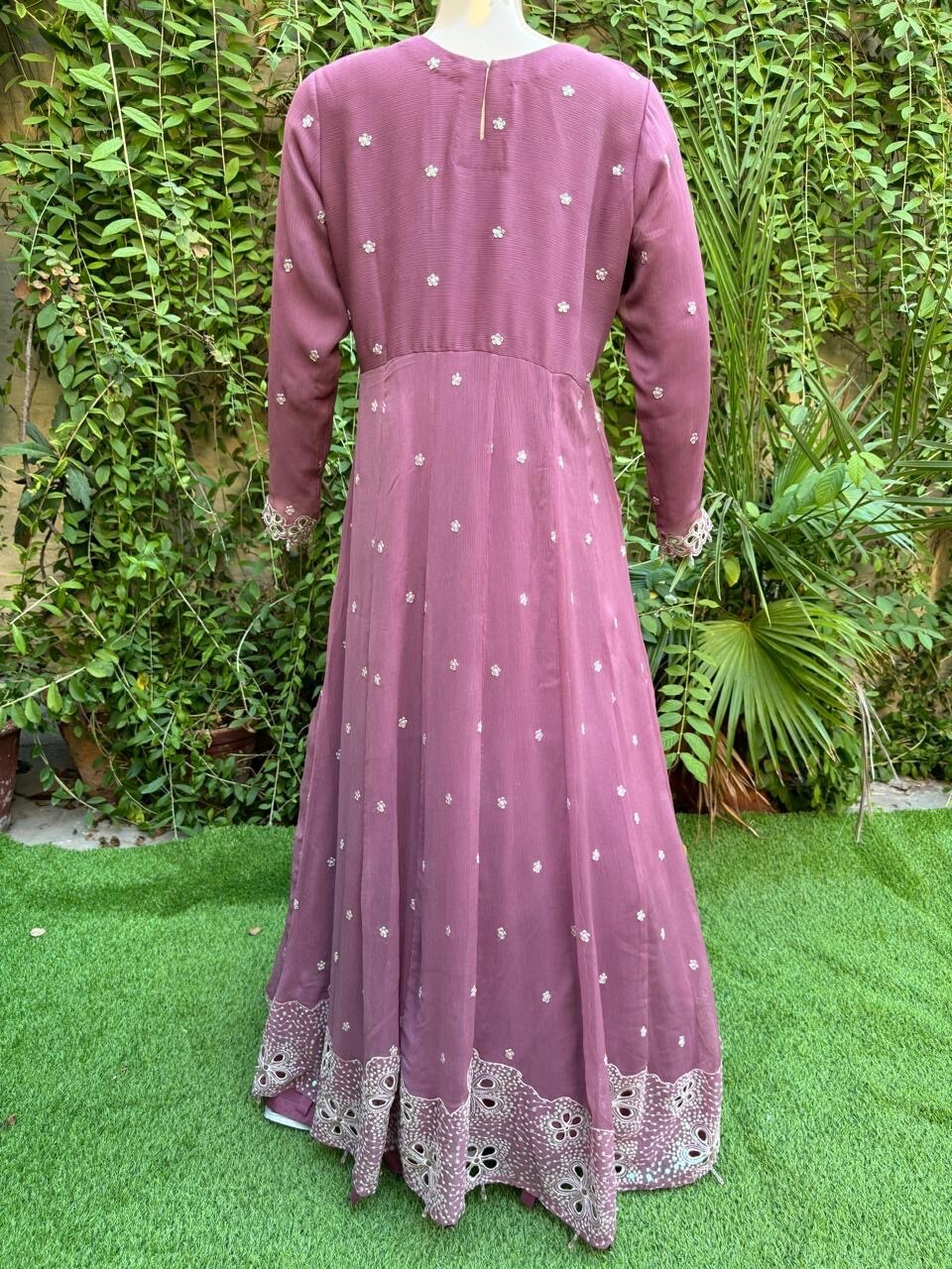 Pakistani Tea Pink Fancy Chiffon gown Dress with embroidery, Squins work,XL