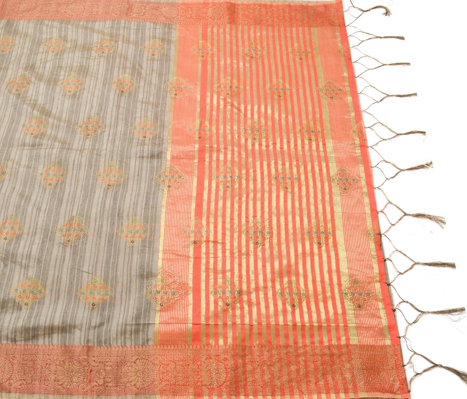 Sushila Vintage Gray Art Silk Saree Zari Woven With Stone Work Sari Craft Fabric