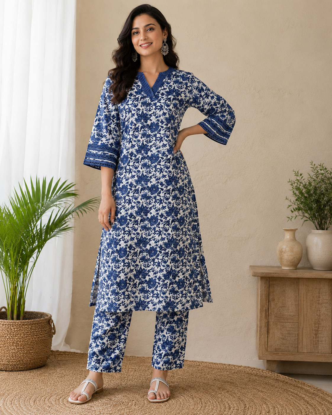 Anouk by Myntra Cotton Floral Kurta Pant Set Blue White Block Print XXL