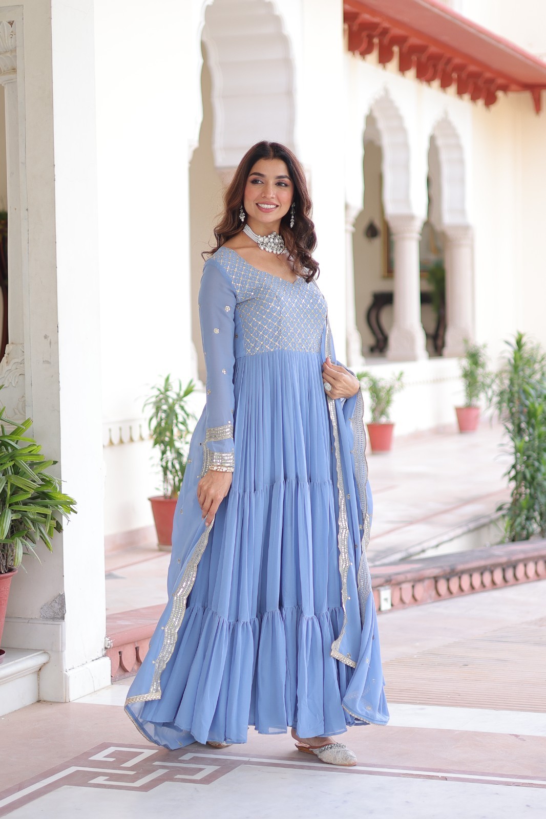 Indian Style Faux Georgette Blue Salwar Kameez With Dupatta For Women Wear