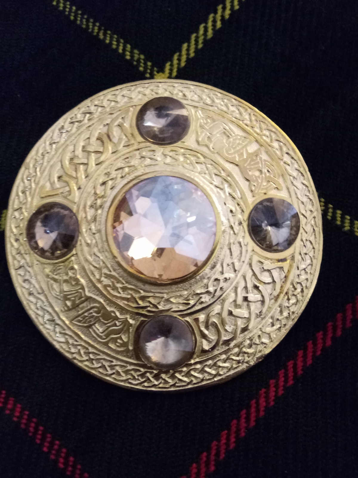 Scottish Fly Plaid Brooch With 5 Gold Stone In Gold Plated Finish 4″ Brooch