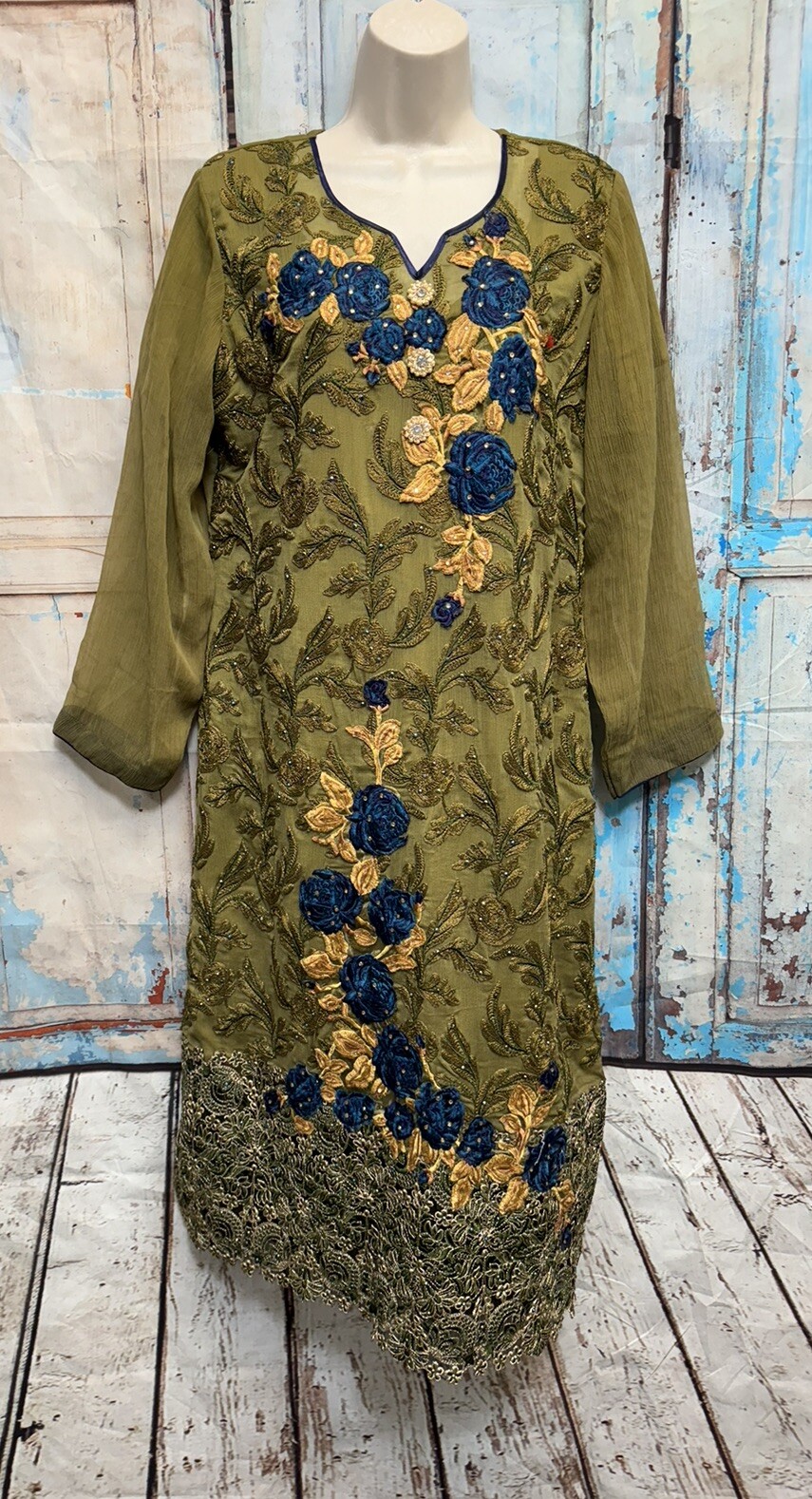 SUPERB Sheer Lined Embellished KURTA Style Long Tunic Top Women’s 42 – Bollywood