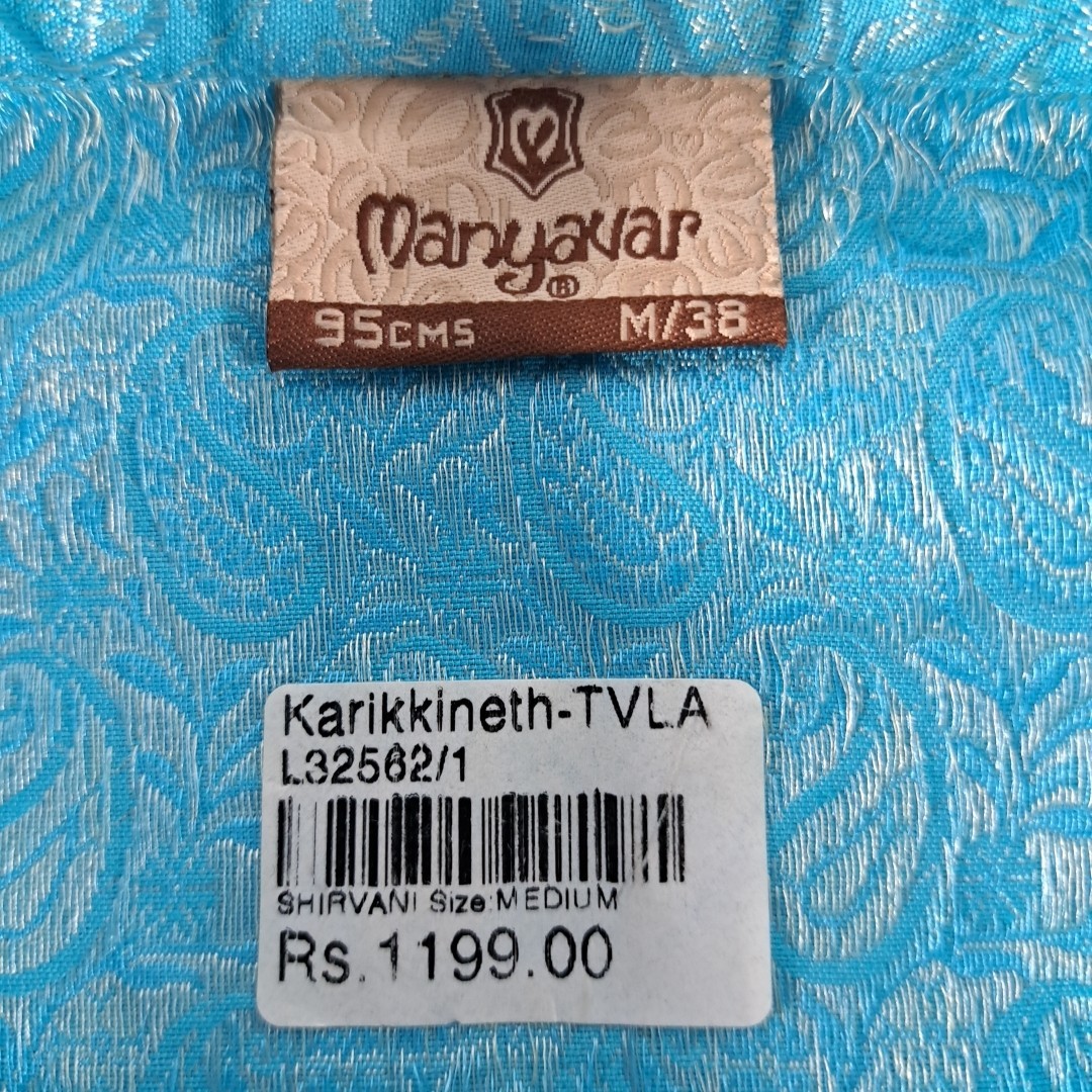 NWT Manyavar Kurta Mens Medium M 38 Blue Paisley Jacquard Silk Indian Pakistani