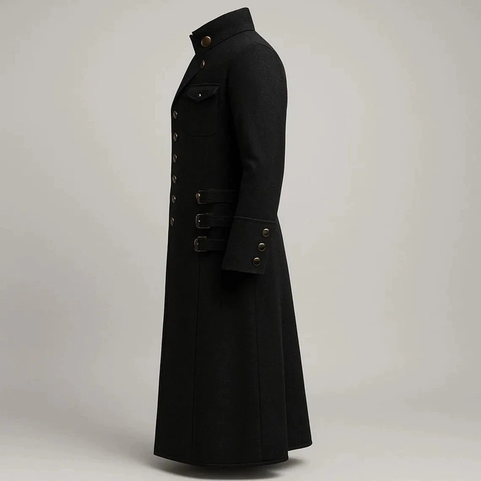 Men’s Black Gothic Steampunk Long Coat Trench gothic Jacket with buckle straps