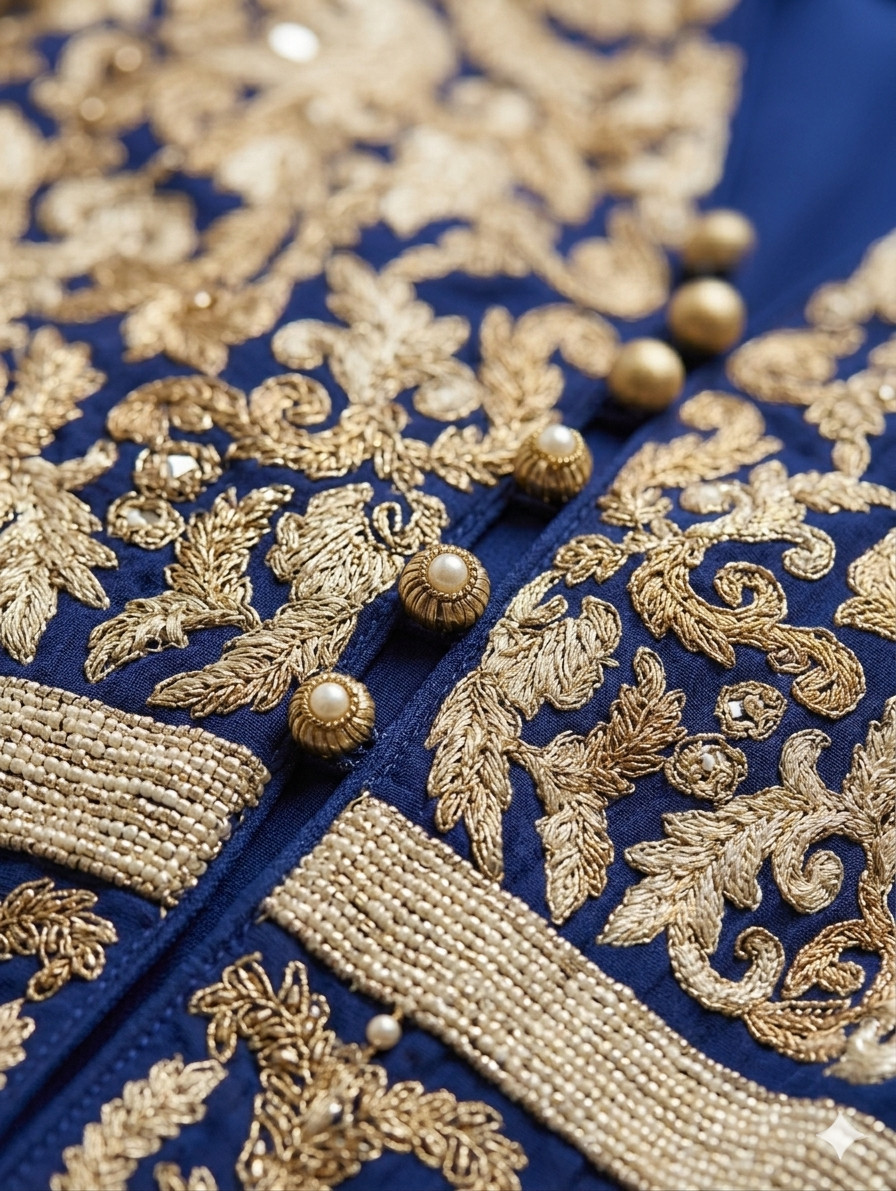 Vintage Hand-Embroidered Indian Anarkali Gown – Indigo Blue & Gold Chiffon Dress