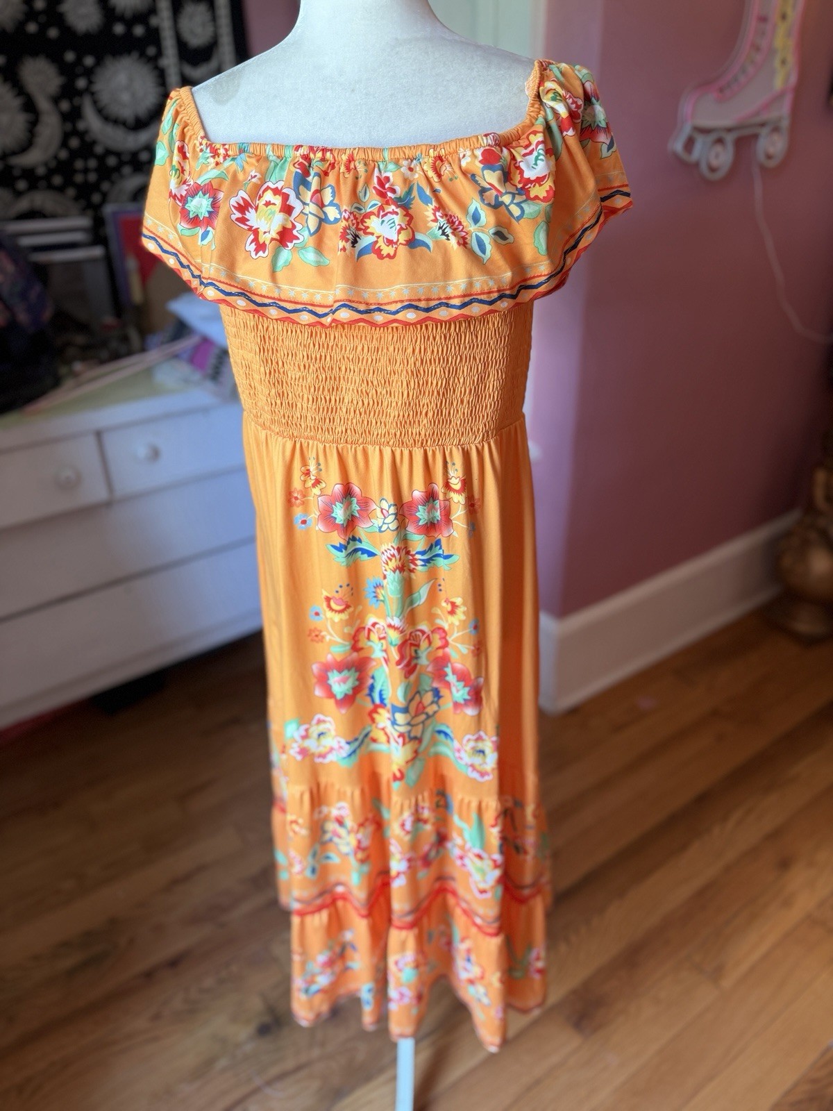 Women Mexican Dress Off Shoulder Floral Long Maxi X-Large, Orange