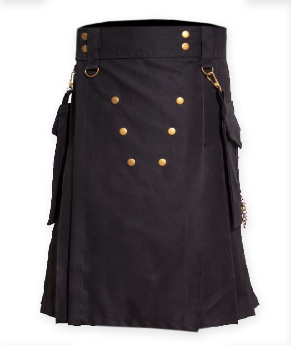 Detachable Pockets Utility Mens Kilt Black Cotton Scottish Cargo Pockets Kilts