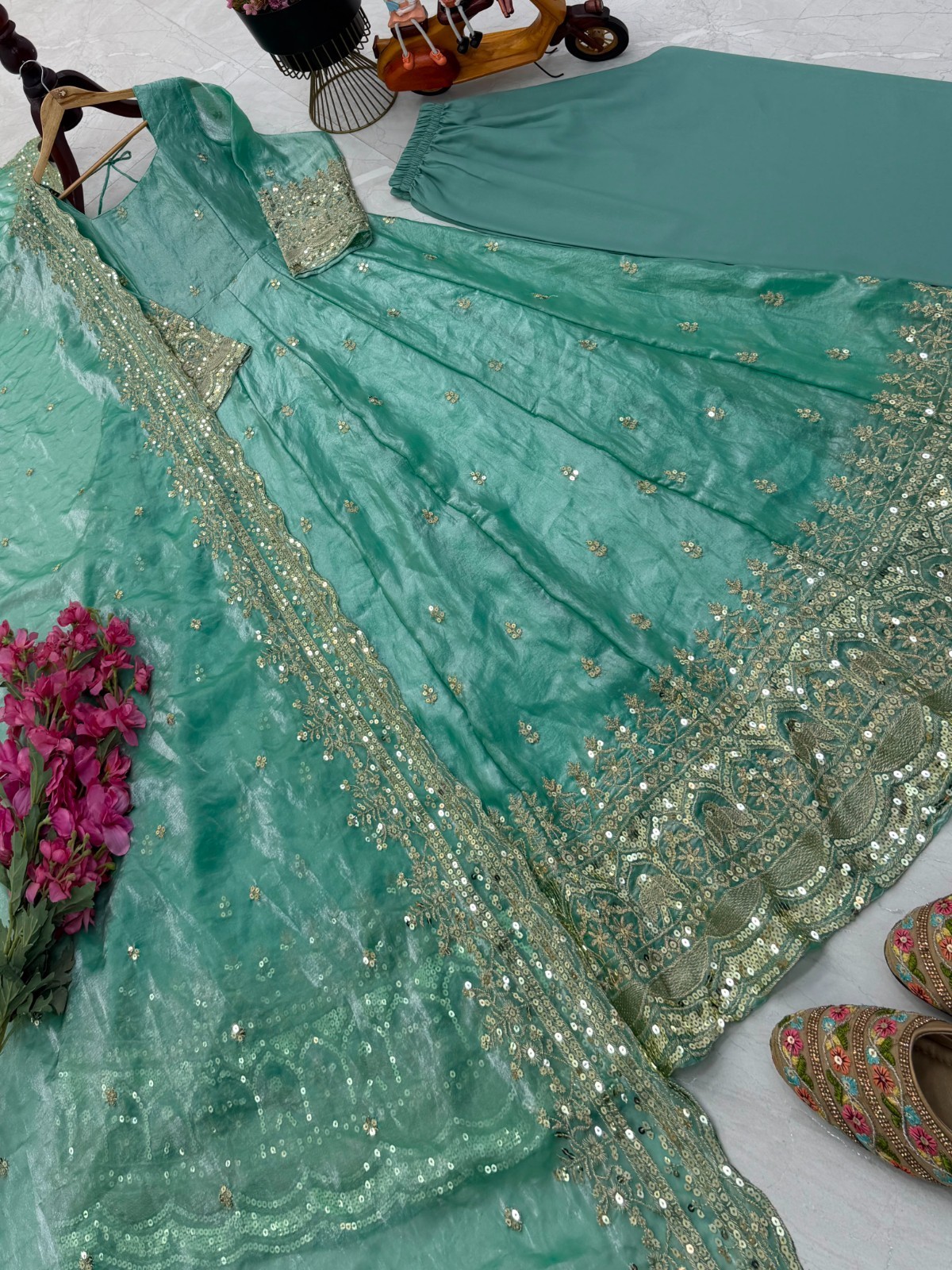 Sky Blue Fendy Silk Ready Made Designer Embroidered Anarkali Suit Party Wear XXL