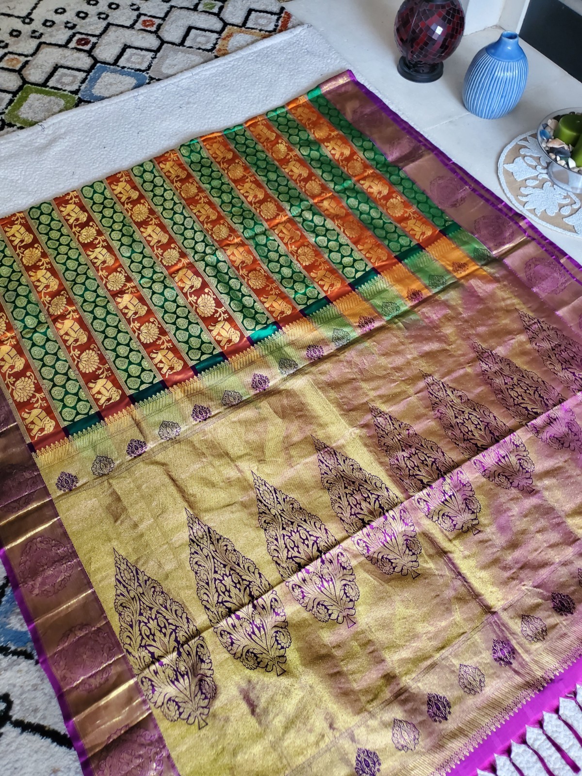 Authentic Pure Silk Dharmavaram Pure Silk Saree Horizontal Panels Green Orange